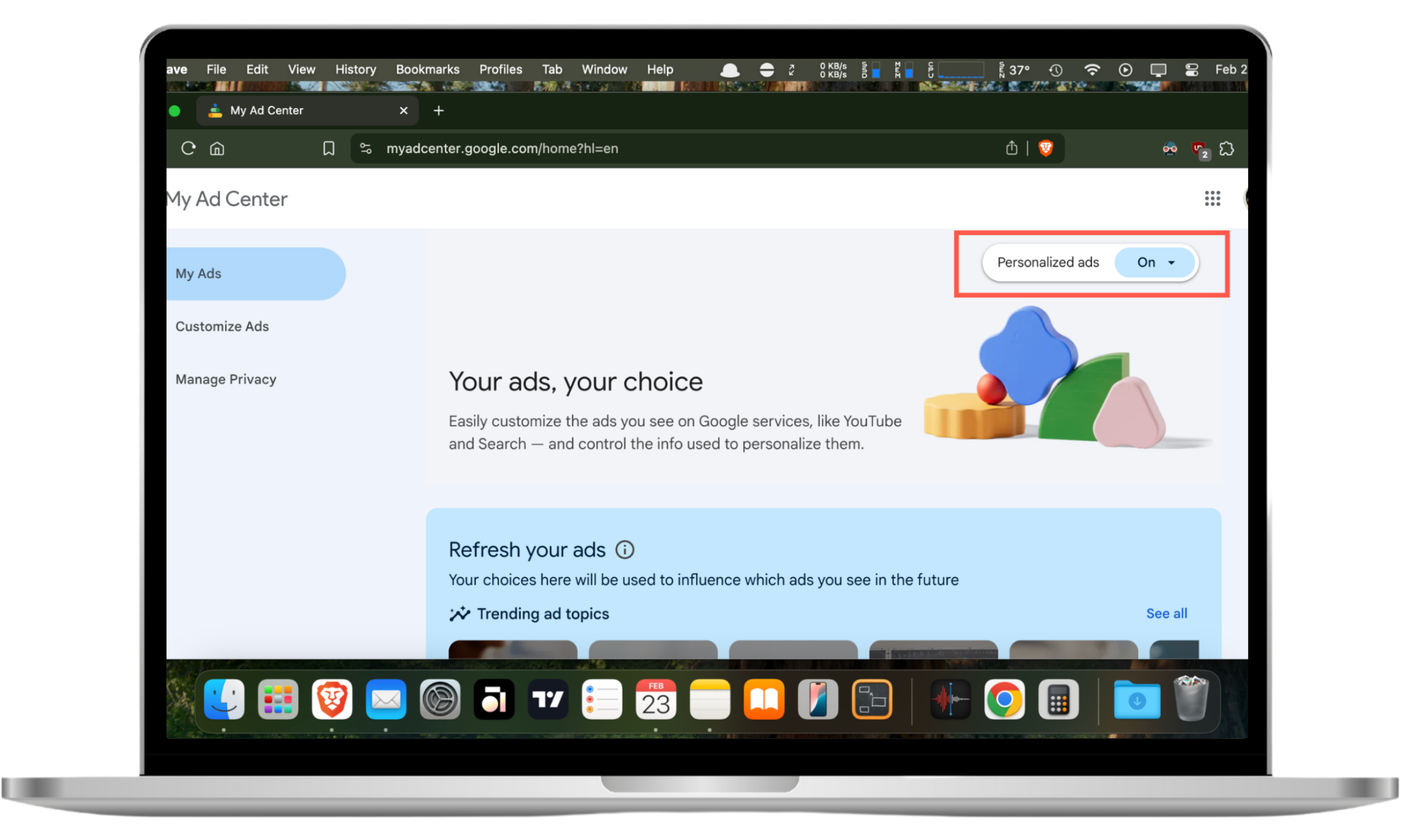 This browser screenshot shows how to block personalized Google ads via the My Ad Center in your personal Google Account. This browser screenshot shows how to block personalized Google ads via the My Ad Center in your personal Google Account.