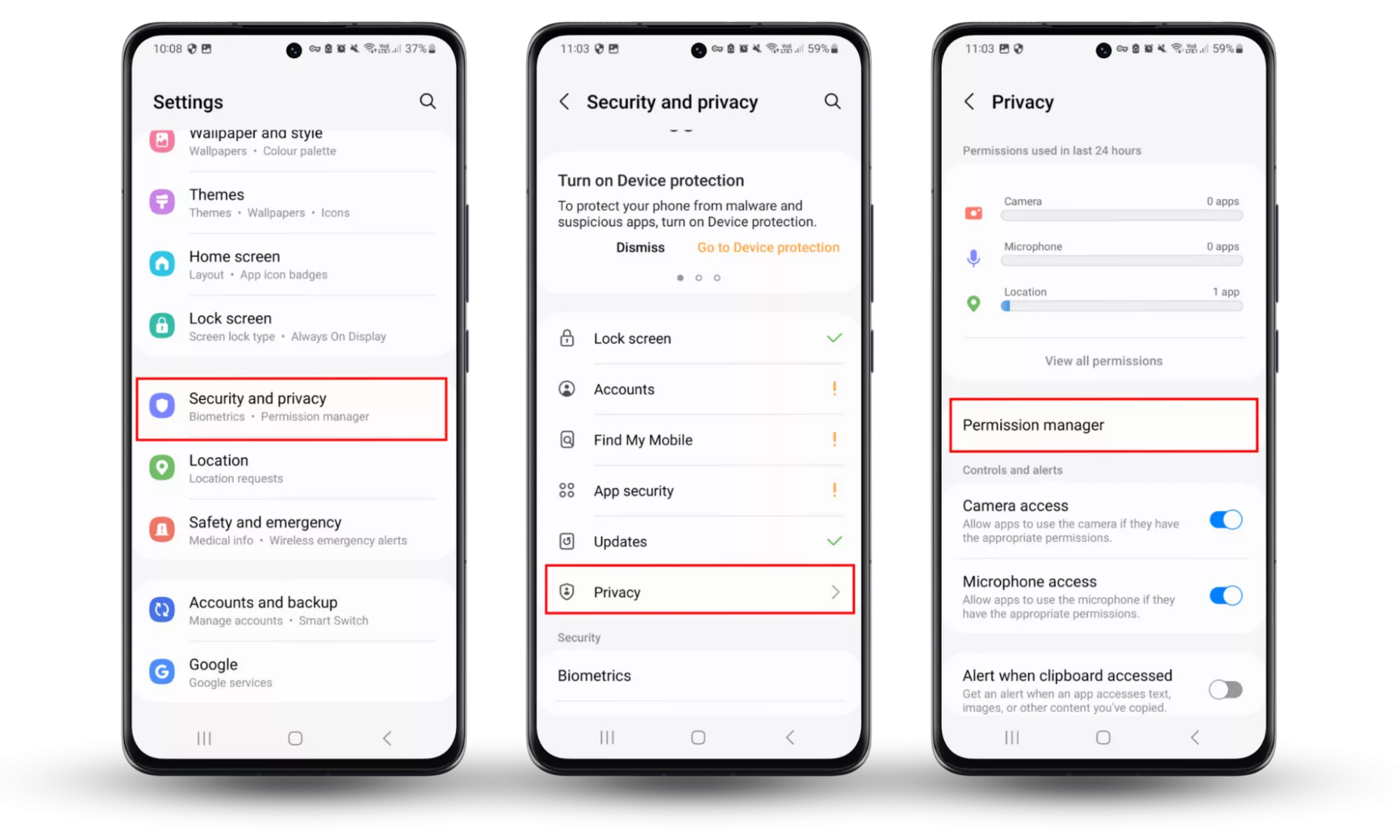 Android Settings showing Security and Privacy settings, where you can adjust app location access, helping to pause your location on Life360 without it showing. Android Settings showing Security and Privacy settings, where you can adjust app location access, helping to pause your location on Life360 without it showing.