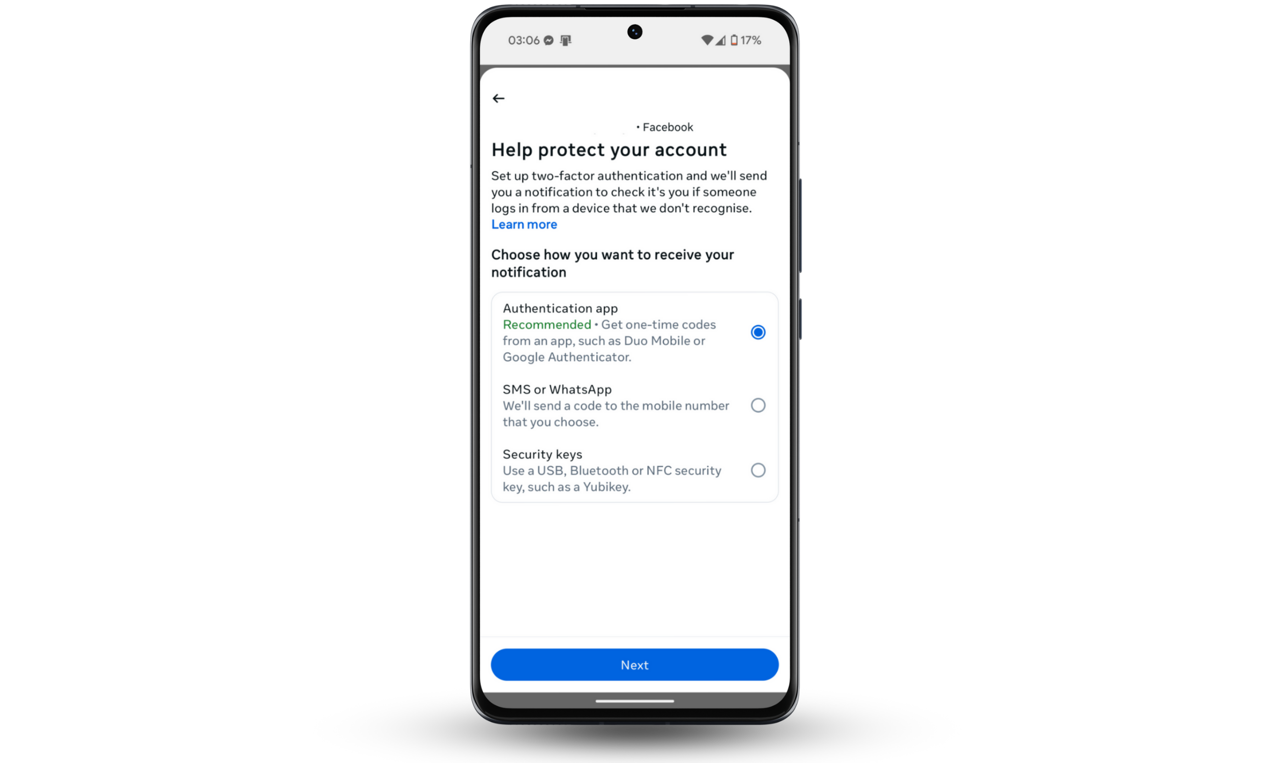 Facebook Accounts Centre screen showing 2FA setup options: authentication app, SMS or WhatsApp, and security keys to protect a Facebook Messenger account if it has been hacked. Facebook Accounts Centre screen showing 2FA setup options: authentication app, SMS or WhatsApp, and security keys to protect a Facebook Messenger account if it has been hacked.