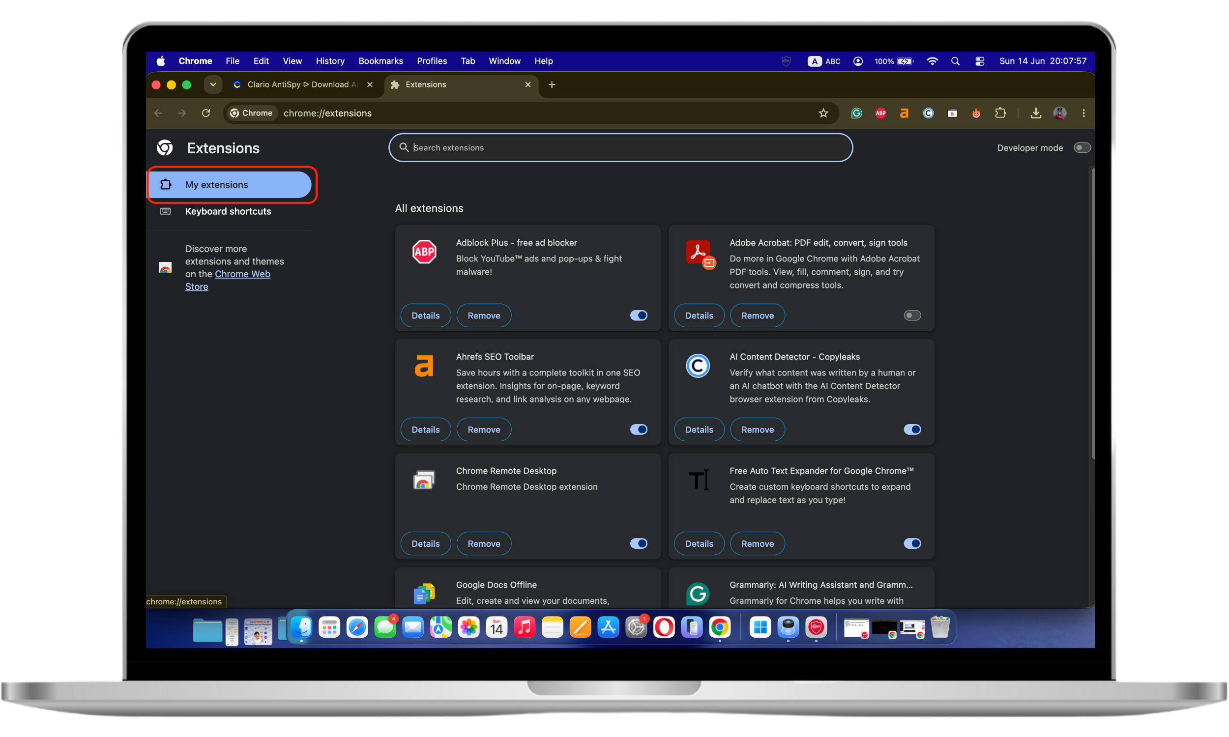 Remove suspicious extensions to get rid of Spigot Malware on Mac. Google Chrome's Extensions menu open on Mac. Search extensions Searchme, Slick Savings, Amazon Shopping Assistant, or Ebay Shopping Assistant.