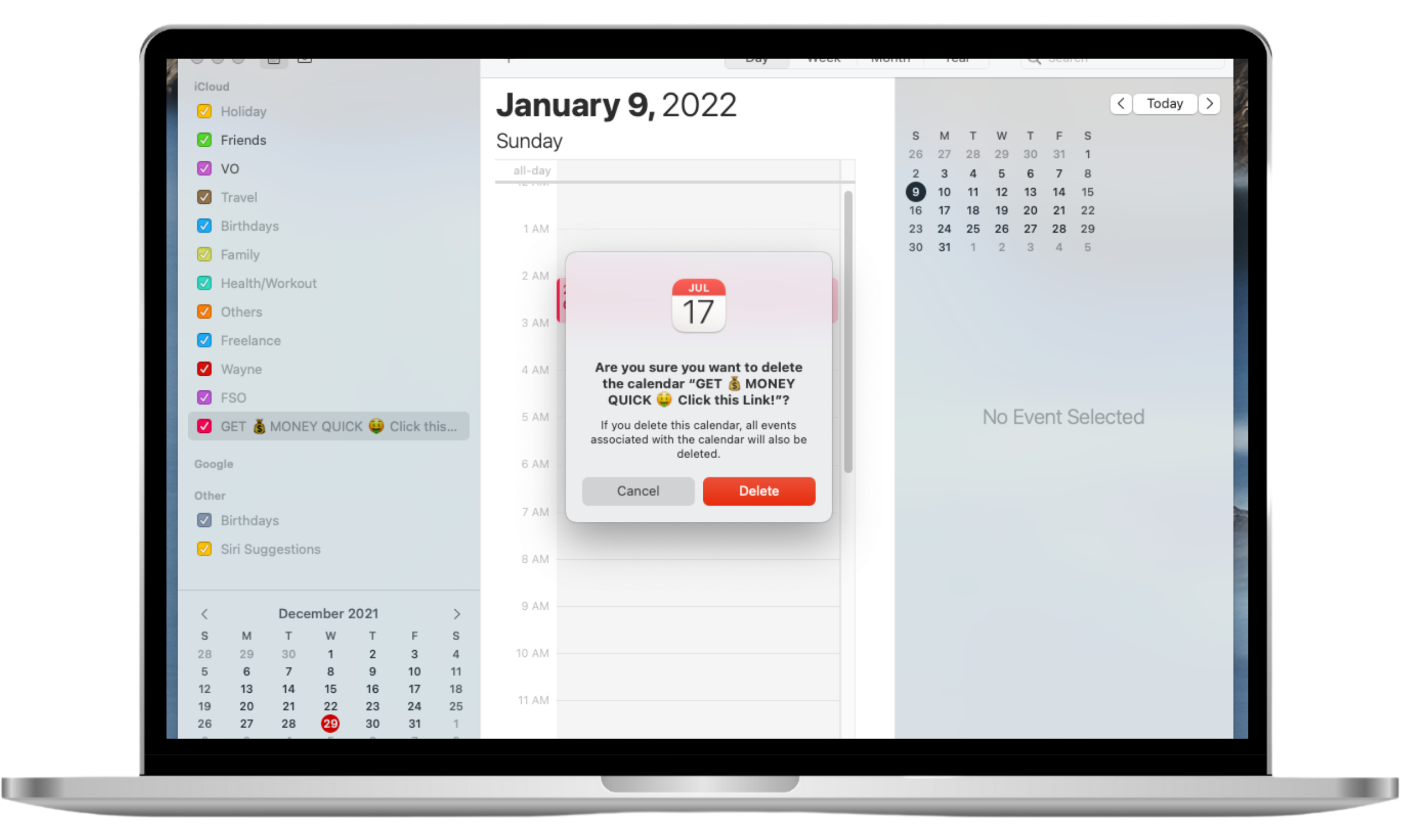 Mac Calendar confirmation dialog showing final warning that deleting a calendar will permanently remove all events, with Delete selected to confirm