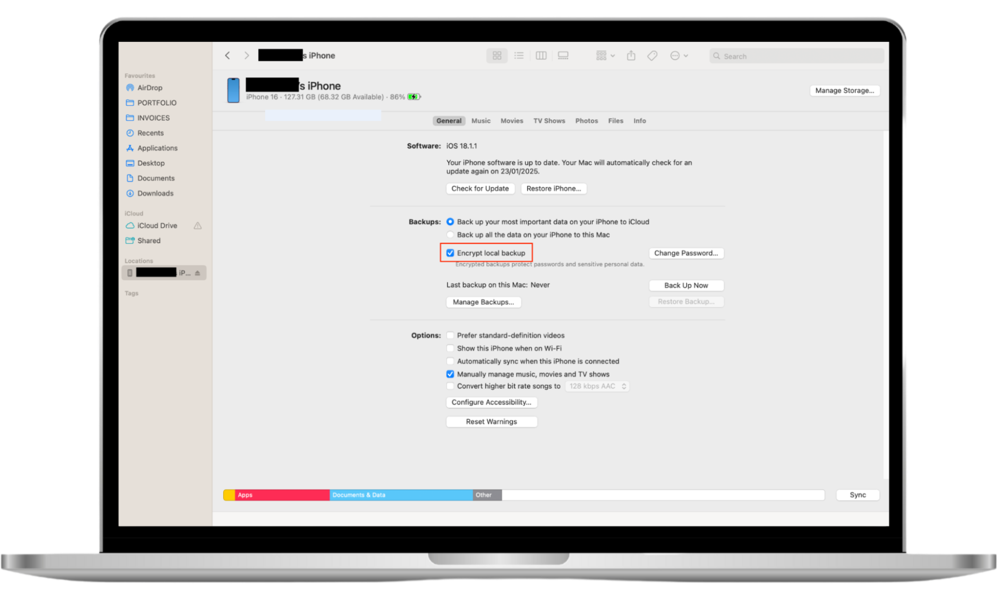 Information about an iPhone in Finder on a Mac. Encrypt local backup is highlighted. Encrypting backups is important for iPhone security. Information about an iPhone in Finder on a Mac. Encrypt local backup is highlighted. Encrypting backups is important for iPhone security.