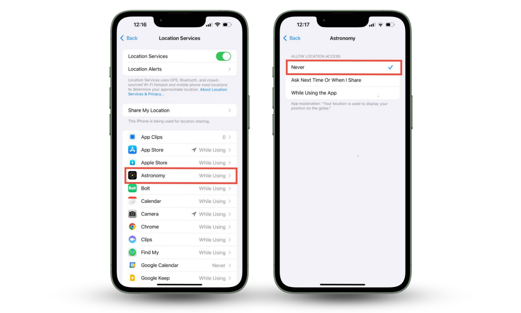 iPhone's Settings with the Location services menu open. Restric Locating services for certain apps to prevent government spying on your iphone. iPhone's Settings with the Location services menu open. Restric Locating services for certain apps to prevent government spying on your iphone.