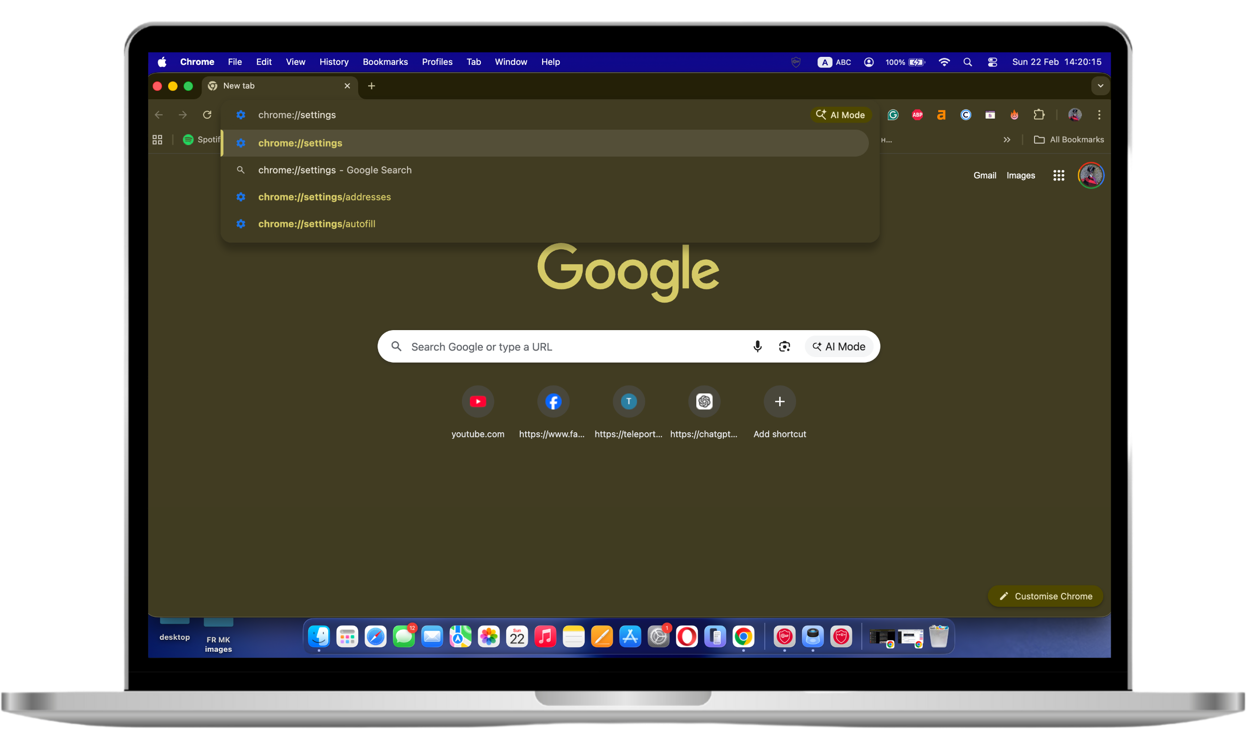 Chrome browser showing chrome://settings typed in the address bar, opening the main Chrome Settings page