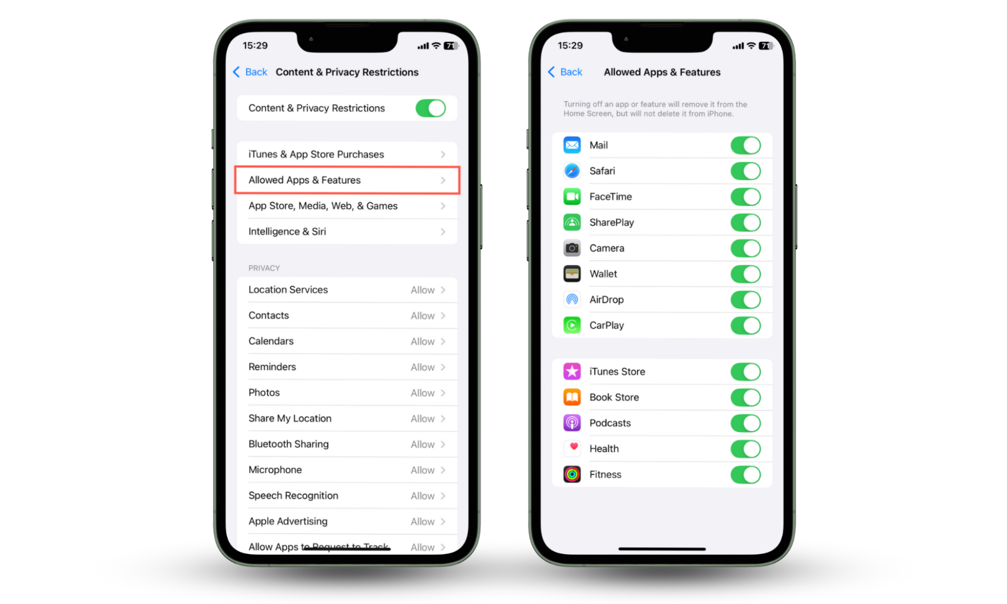 Screenshots that demonstrate how to check for hidden iPhone apps like Safari, FaceTime, and Mail via the Allowed Apps list in Screen Time. Screenshots that demonstrate how to check for hidden iPhone apps like Safari, FaceTime, and Mail via the Allowed Apps list in Screen Time.
