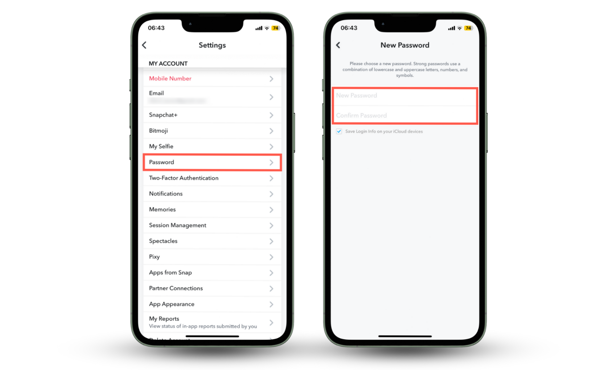 Snapchat's Settings on iPhone showing how to change your user account password if you know someone is spying on your Snapchat. Snapchat's Settings on iPhone showing how to change your user account password if you know someone is spying on your Snapchat.