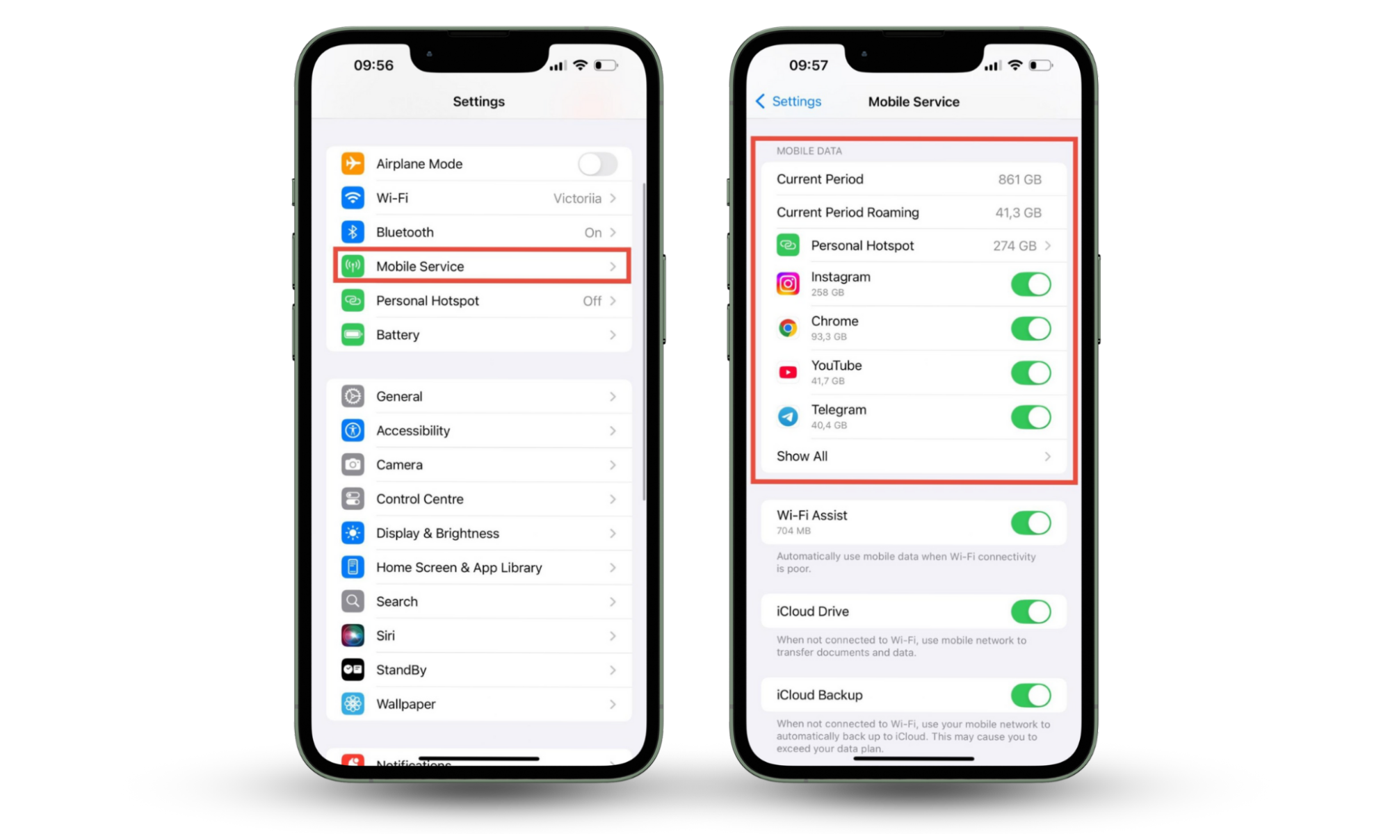 The iPhone's settings open with the Mobile Service feature highlighted. The Mobile Data feature is also highlighted. Use Clario Anti Spy's Device system check to find Pegasus spyware on the iPhone. The iPhone's settings open with the Mobile Service feature highlighted. The Mobile Data feature is also highlighted. Use Clario Anti Spy's Device system check to find Pegasus spyware on the iPhone.