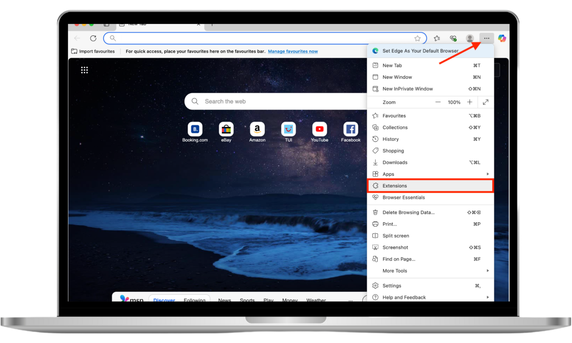 The Extensions option in the Microsoft Edge menu on Mac. If you think Edge has been infected by Look2Me spyware, first remove any suspicious extensions you don't recognize. The Extensions option in the Microsoft Edge menu on Mac. If you think Edge has been infected by Look2Me spyware, first remove any suspicious extensions you don't recognize.