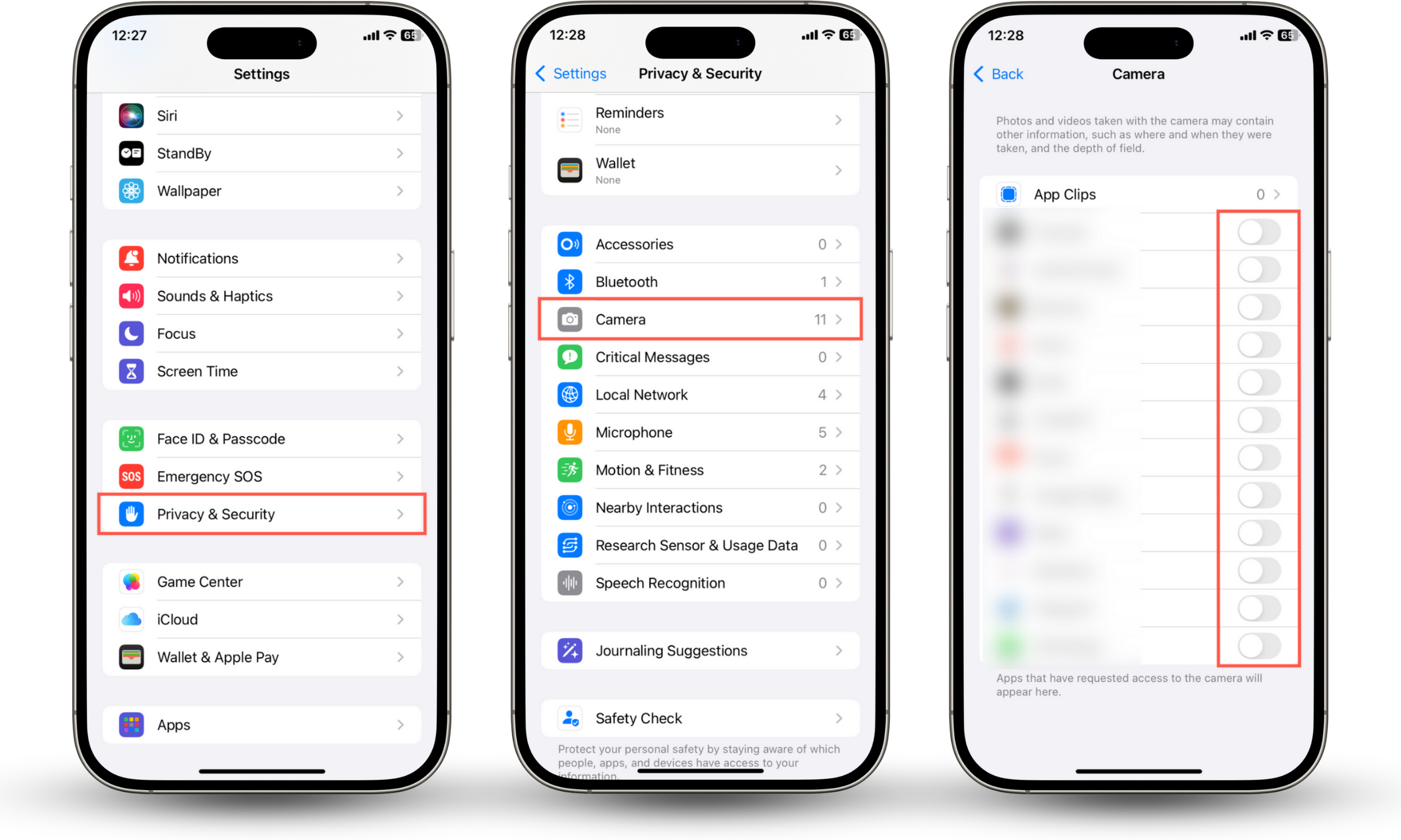 These iOS screenshots shows how to check and manage the camera permissions for apps so that you can remove the green dot on iPhone. These iOS screenshots shows how to check and manage the camera permissions for apps so that you can remove the green dot on iPhone.
