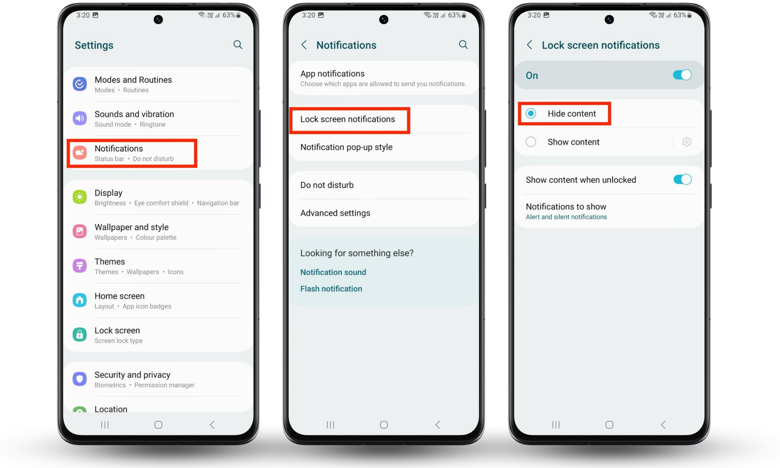 Settings app is open on an Android device. Tap Notifications, Lock screen notifications, and select Hide content.