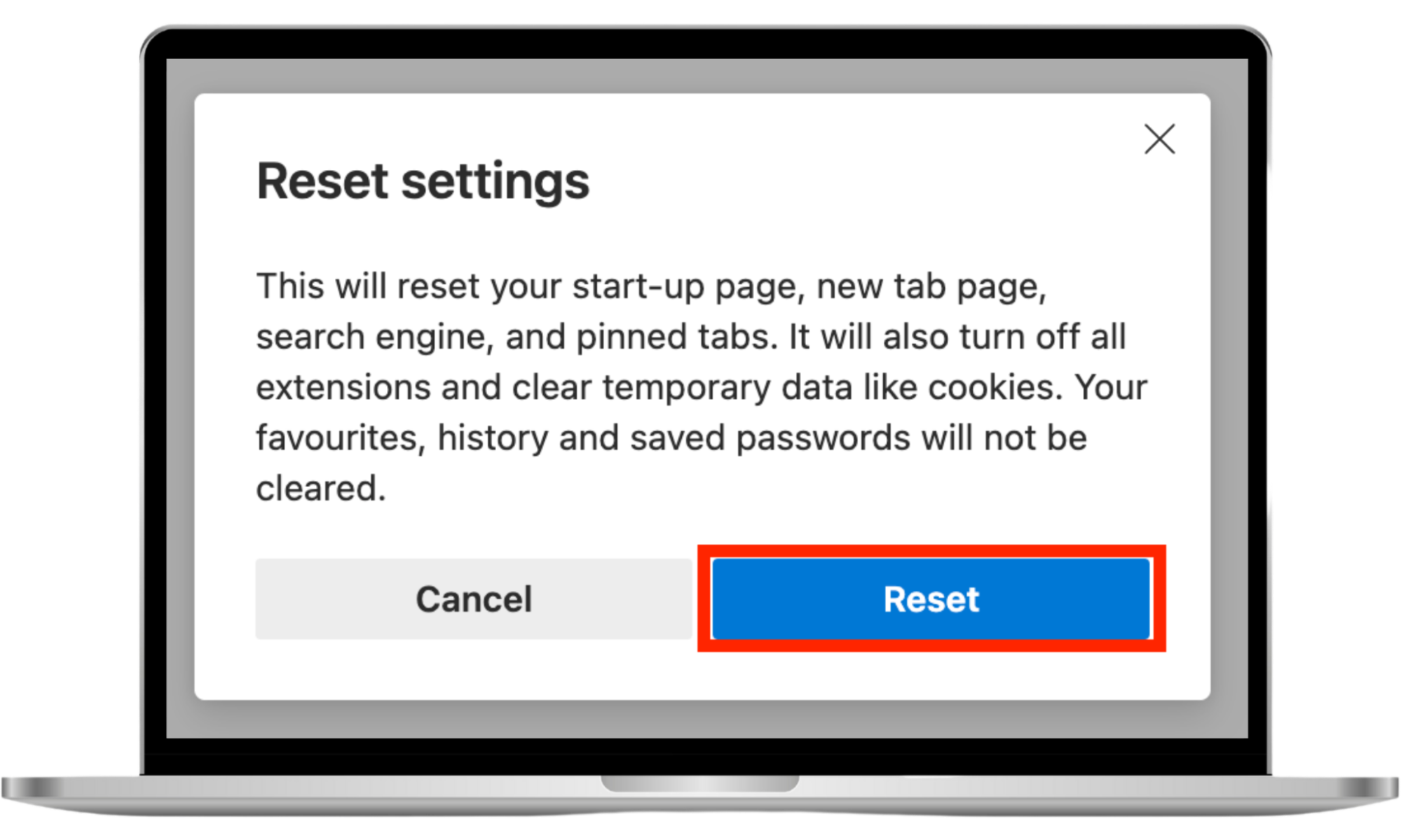 The Reset settings confirmation prompt inside Microsoft Edge on Mac. If Edge has been infected by Look2Me malware, you'll need to reset all settings as part of the removal process. The Reset settings confirmation prompt inside Microsoft Edge on Mac. If Edge has been infected by Look2Me malware, you'll need to reset all settings as part of the removal process.