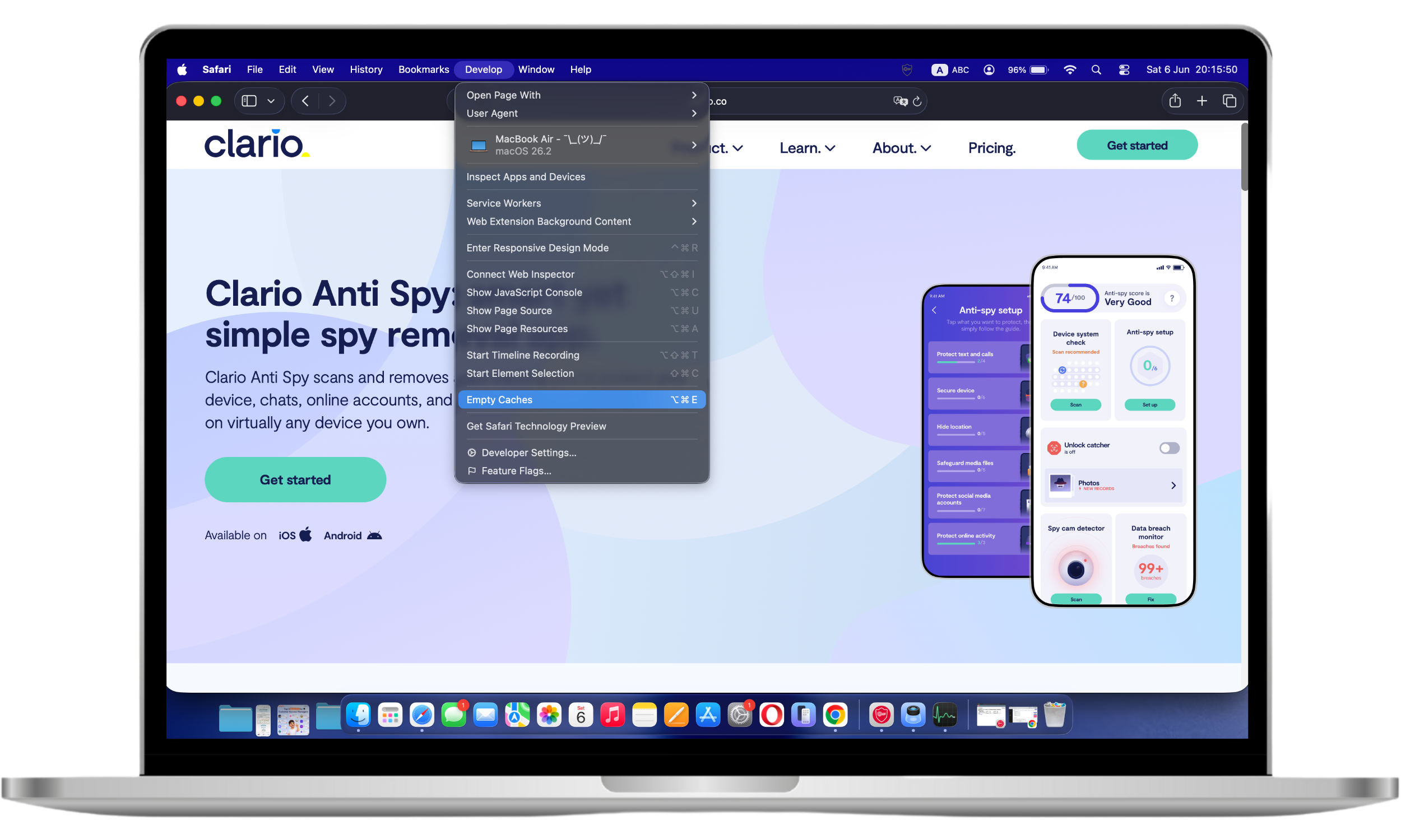 The Develop menu in Safari displays the Empty Caches option, allowing users to remove stored browser cache data and potentially improve browsing performance.