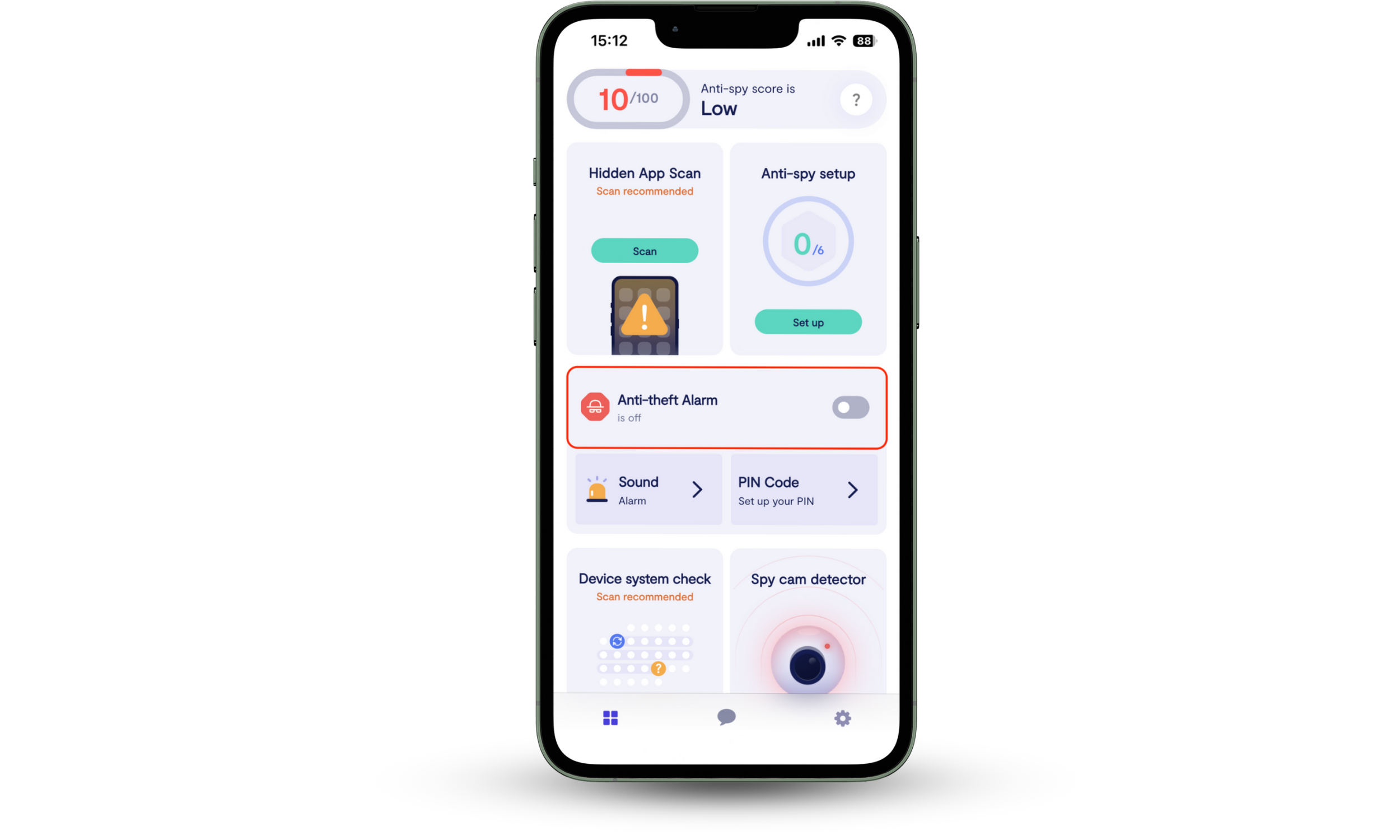 If your ex stole your phone, use Clario Anti Spy's Anti-theft Alarm to get notification when someone is trying to unlock your phone. Open Clario Anti Spy, access the dashboard, and toggle on the switch next to Anti-theft Alarm.