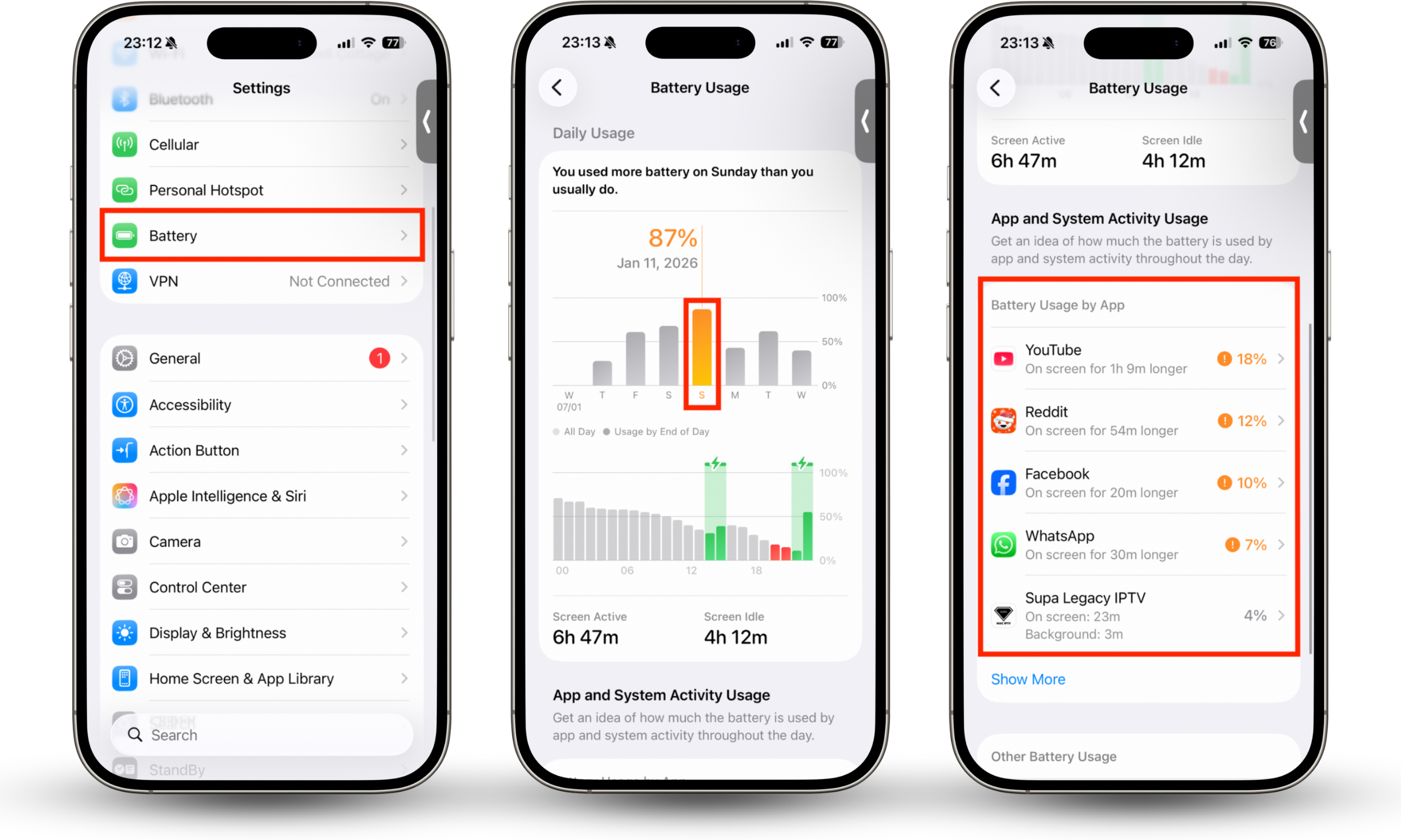 The Battery Usage information inside Settings > Battery on iPhone. If you need to know how to check iPhone for virus in Settings, audit your device's battery usage to see if any hidden apps are using energy.