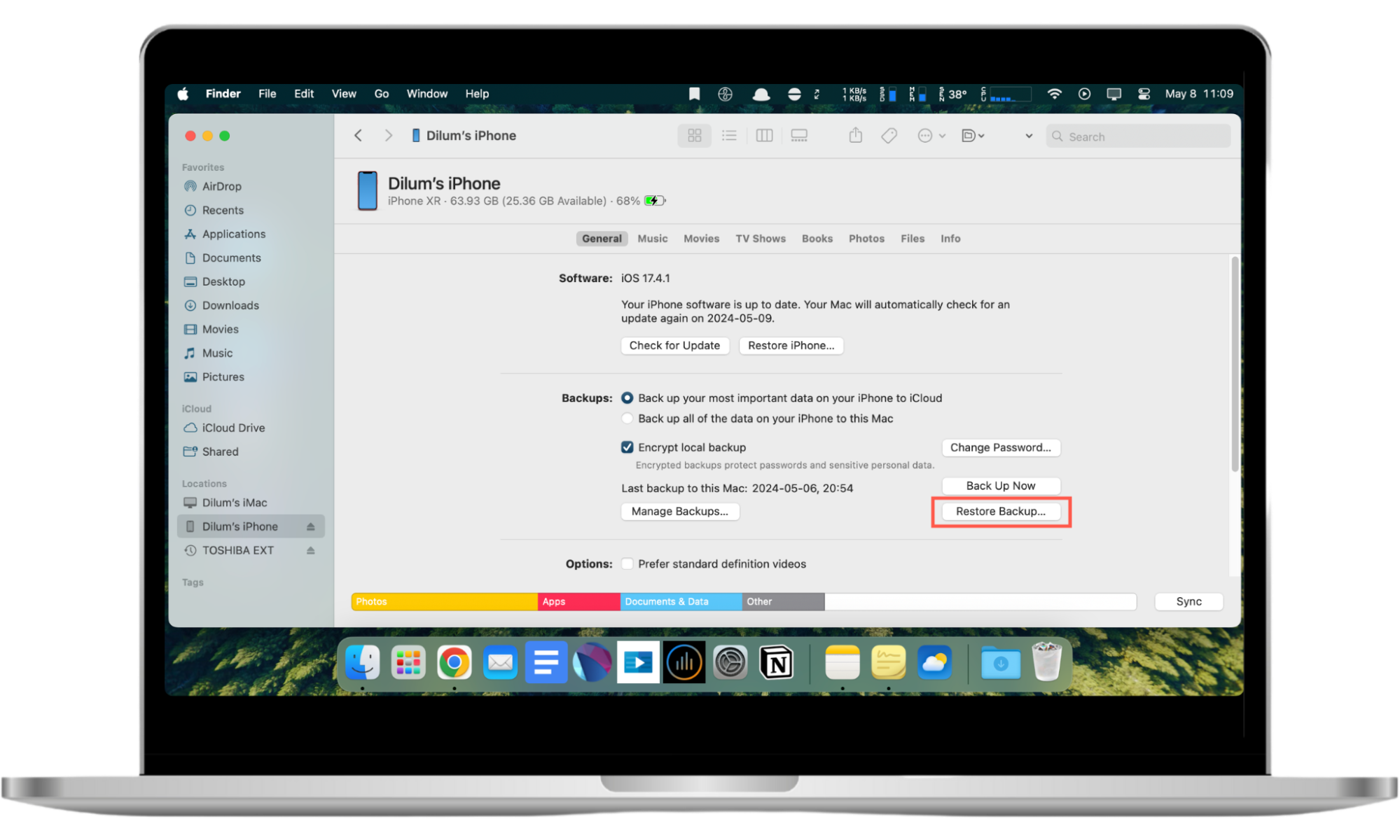 Screenshot that demonstrate how to select the Restore Backup option in Finder on a Mac to uncover hidden apps on your iPhone. Screenshot that demonstrate how to select the Restore Backup option in Finder on a Mac to uncover hidden apps on your iPhone.