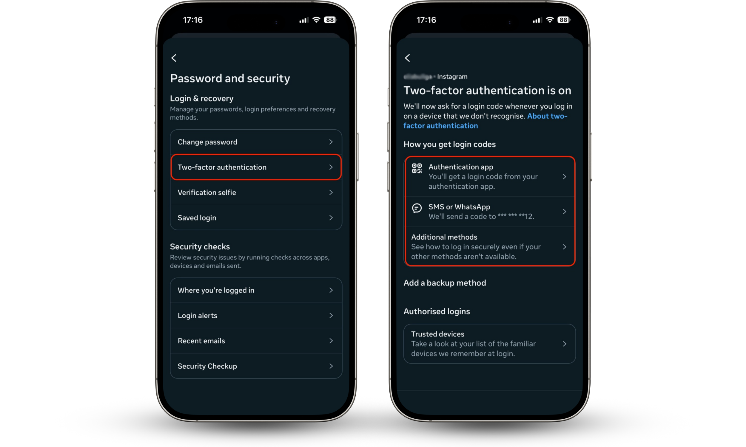 Selecting Two-factor authentication and choosing between authentication app or SMS verification on Instagram.
