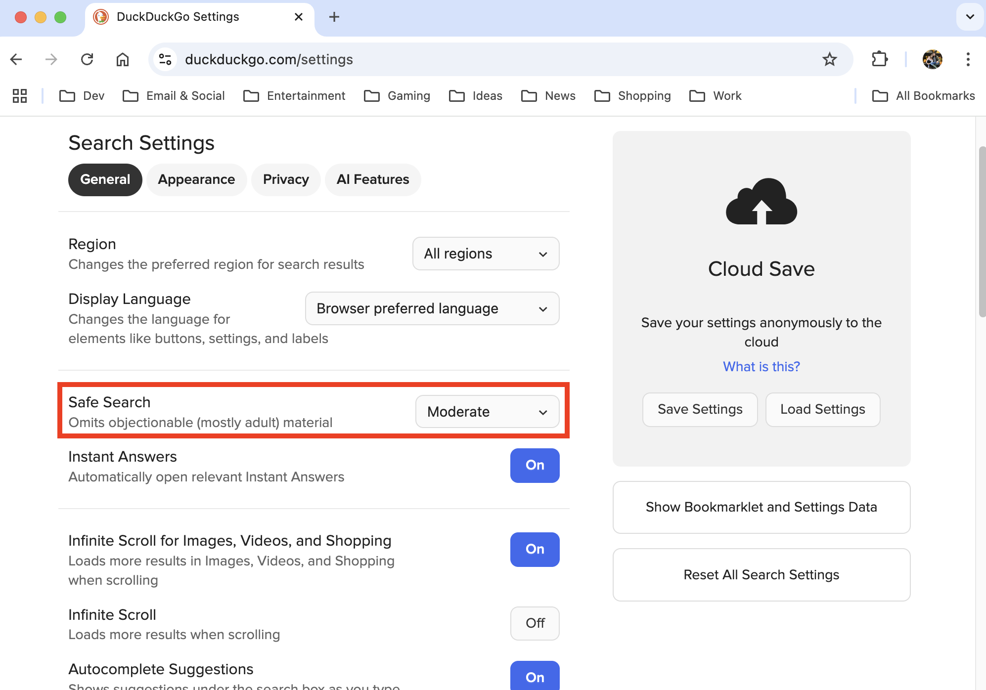 The Search Settings page for DuckDuckGo in Google Chrome on Mac. Use the drop-down box to pick your Safe Search preference. The Search Settings page for DuckDuckGo in Google Chrome on Mac. Use the drop-down box to pick your Safe Search preference.