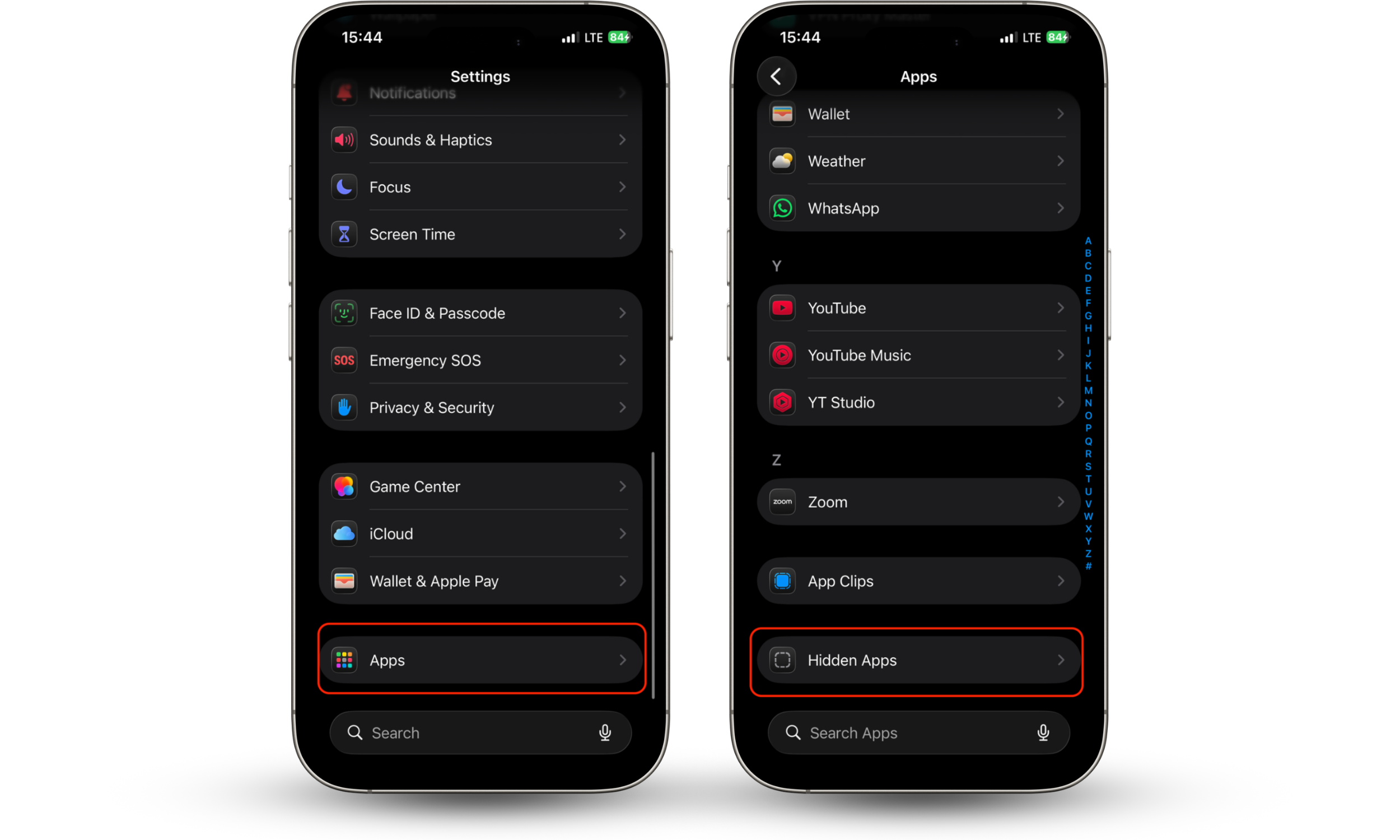 The Settings app on an iPhone displays the Hidden Apps menu under the Apps section.