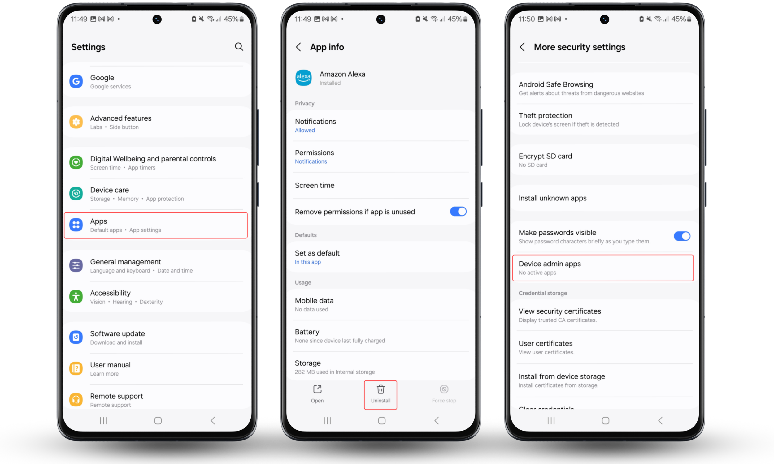 If you detect XNSPY on your phone, delete it immediately. Uninstall apps on Android by going to the Settings app.
