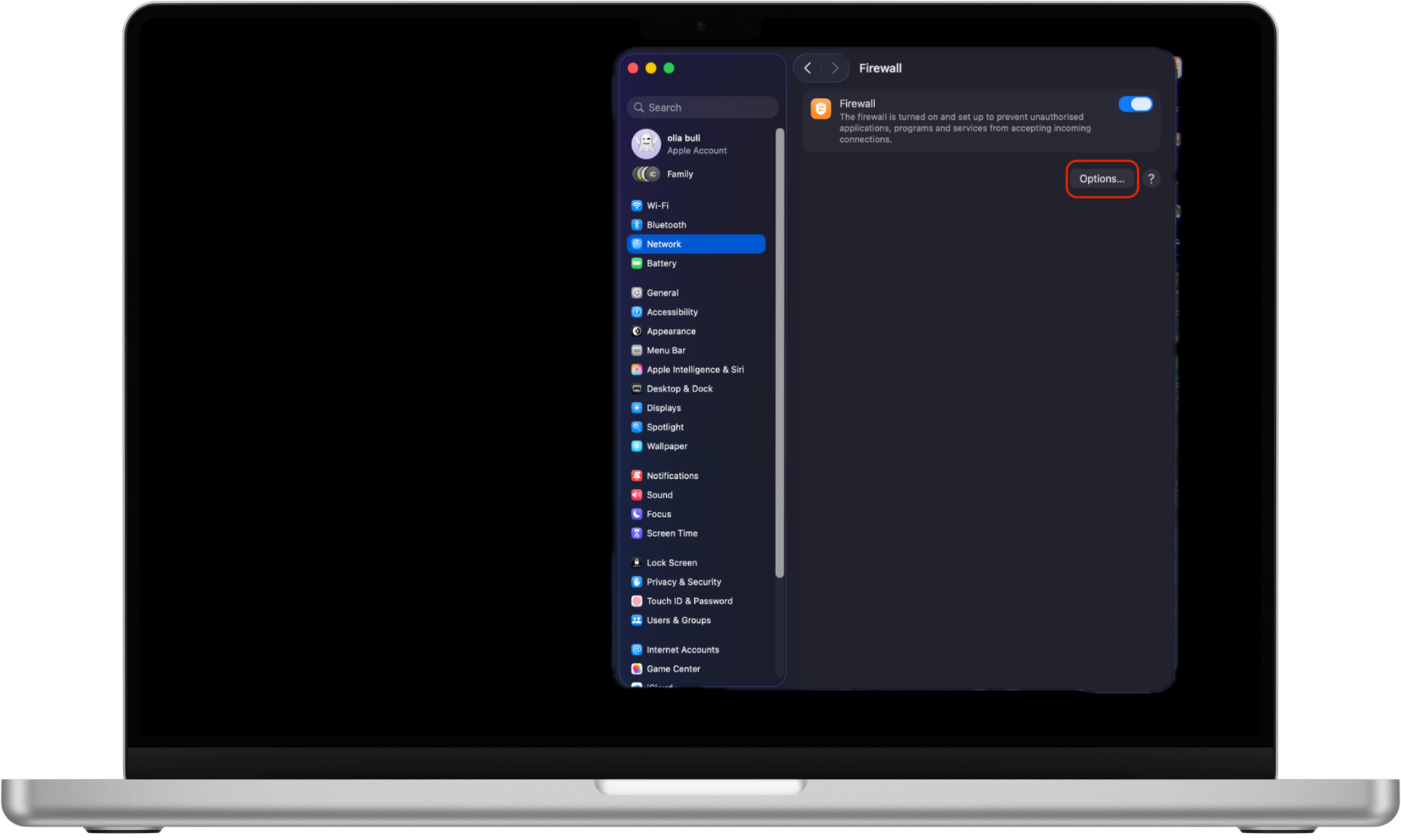 To turn on the firewall, enable the toggle next to Firewall, then click on the Options button for more advanced features. To turn on the firewall, enable the toggle next to Firewall, then click on the Options button for more advanced features.