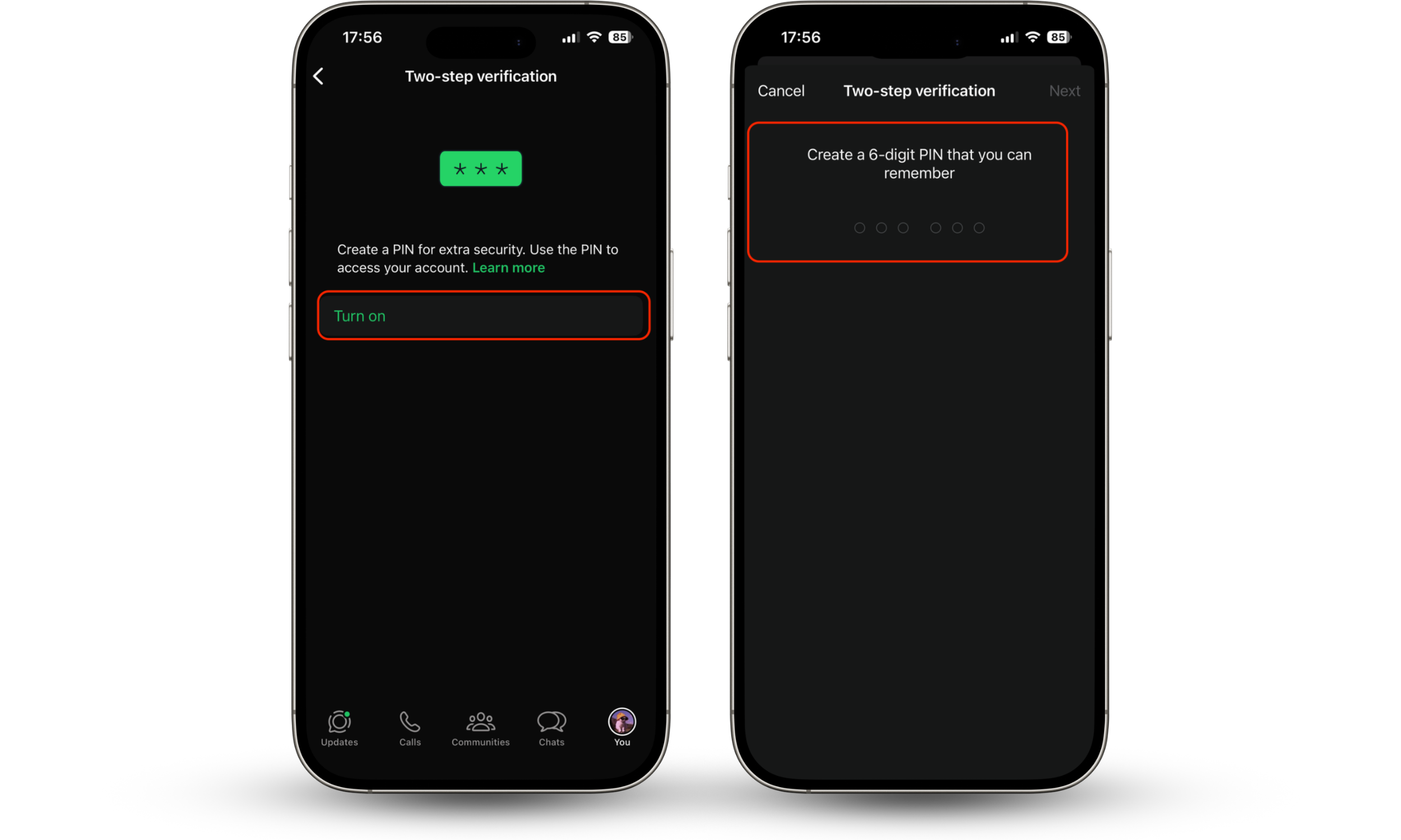 Enabling WhatsApp two-step verification by setting a six-digit PIN and adding a recovery email.