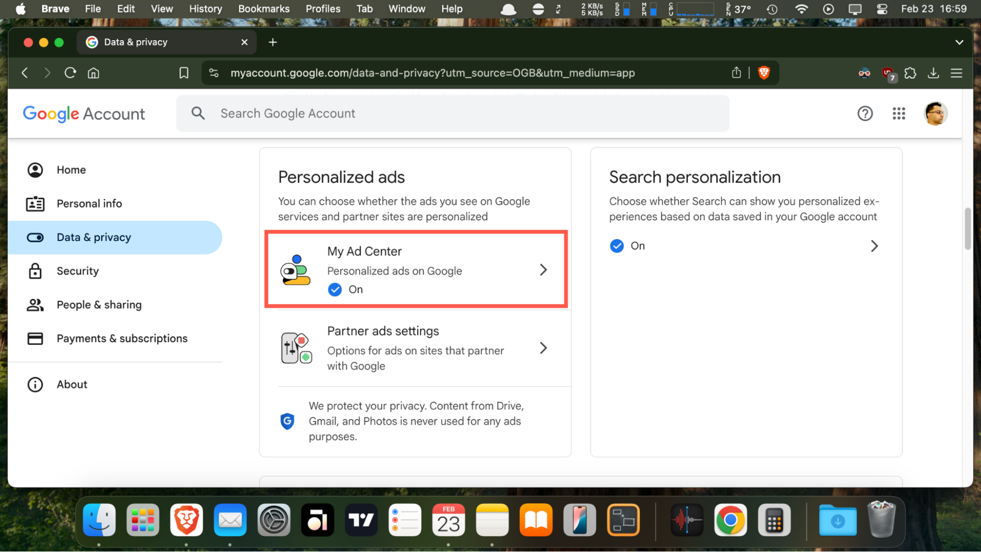 This browser screenshot shows how to access the My Ad Center in your Google Account if you want to block or allow personalized Google ads. This browser screenshot shows how to access the My Ad Center in your Google Account if you want to block or allow personalized Google ads.