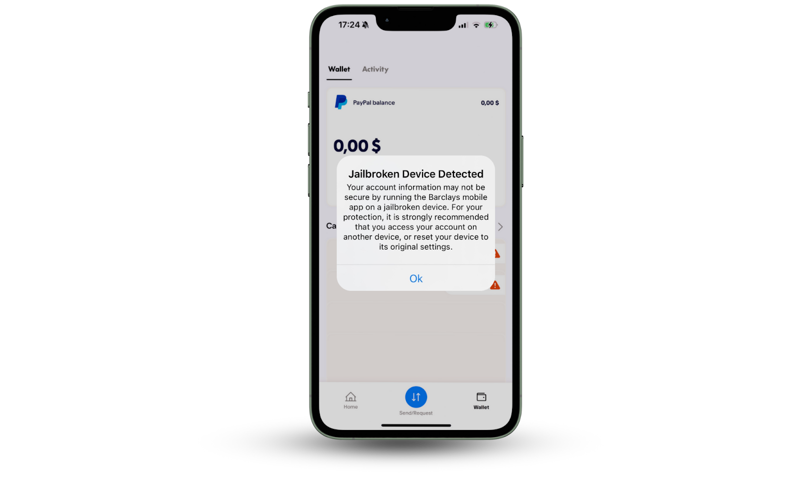 The Jailbroken Device Detected message pop-up window on iPhone in the Paypal app. The Jailbroken Device Detected message pop-up window on iPhone in the Paypal app.