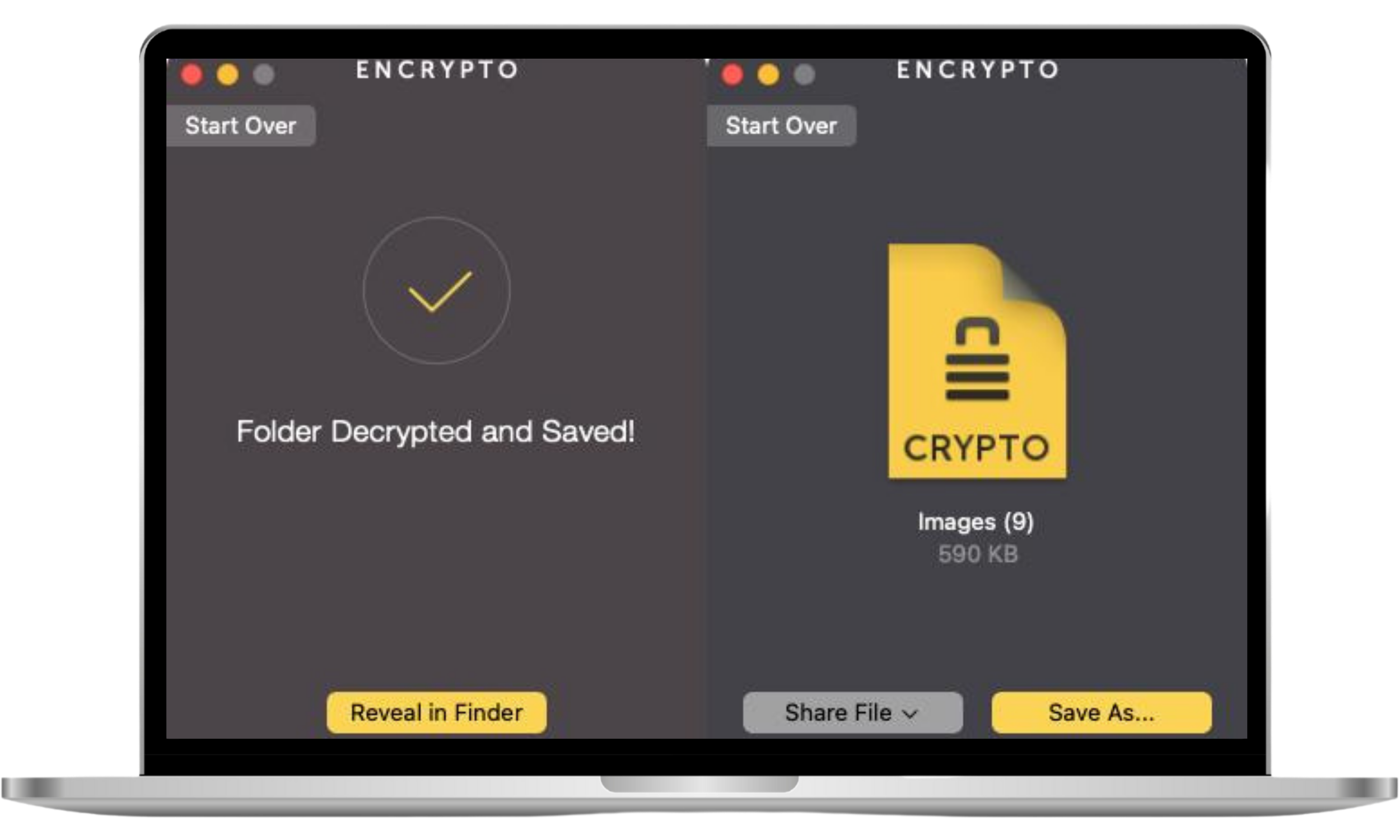 The Encrypto app interface on a Mac showing an encrypted file loaded into the app, with a password field and decrypt button used to unlock and access the file. The Encrypto app interface on a Mac showing an encrypted file loaded into the app, with a password field and decrypt button used to unlock and access the file.