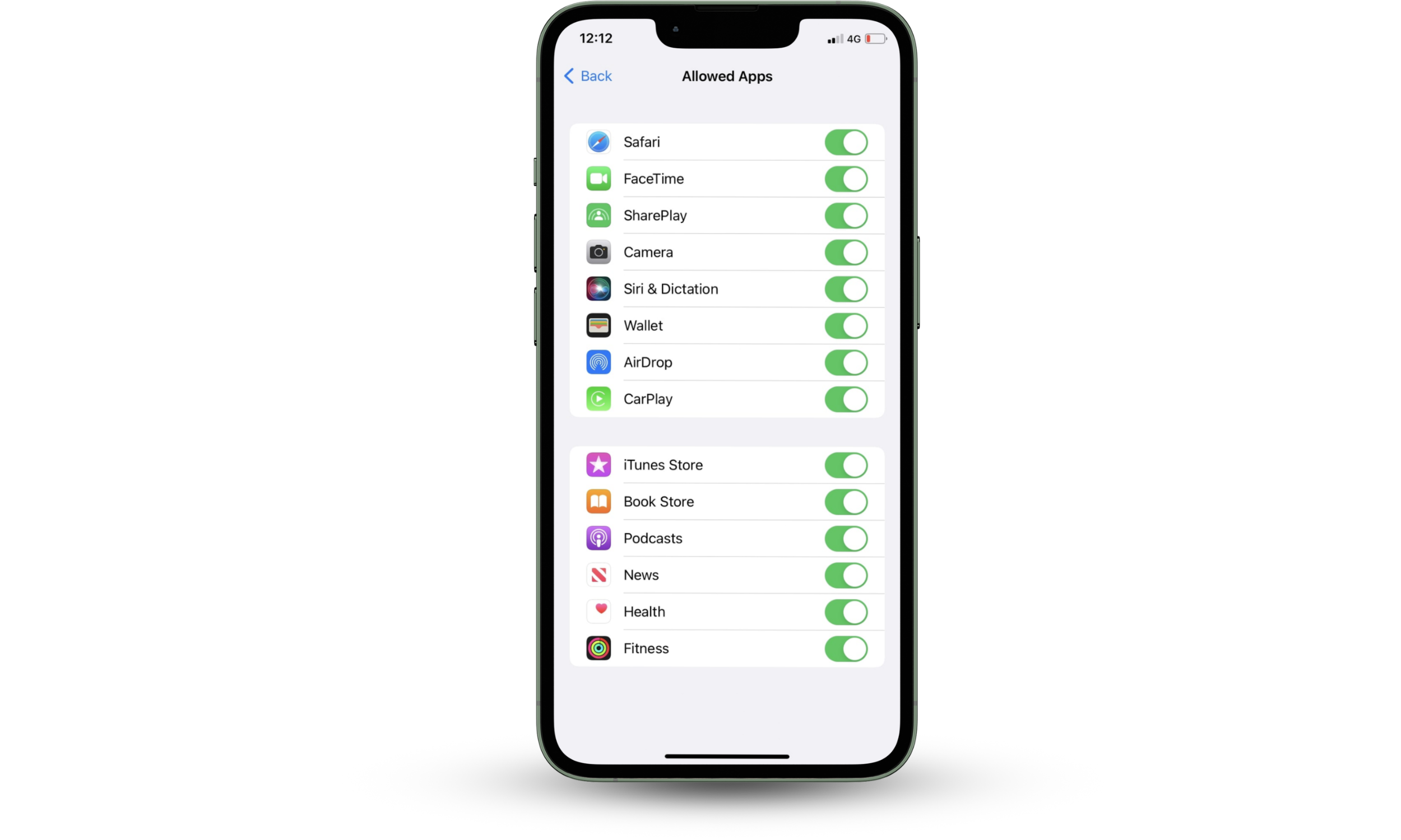 The Allowed Apps settings page on an iPhone displays parental control options for enabling or disabling access to built-in apps and device features. The Allowed Apps settings page on an iPhone displays parental control options for enabling or disabling access to built-in apps and device features.
