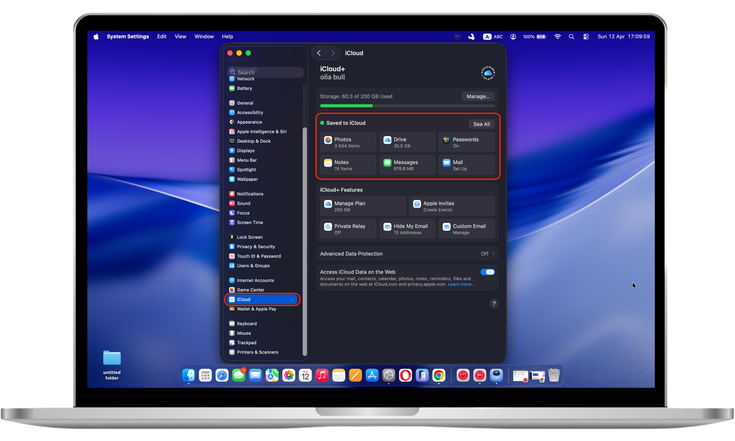 Mac System Settings showing iCloud section with Saved to iCloud option selected to manage sync settings
