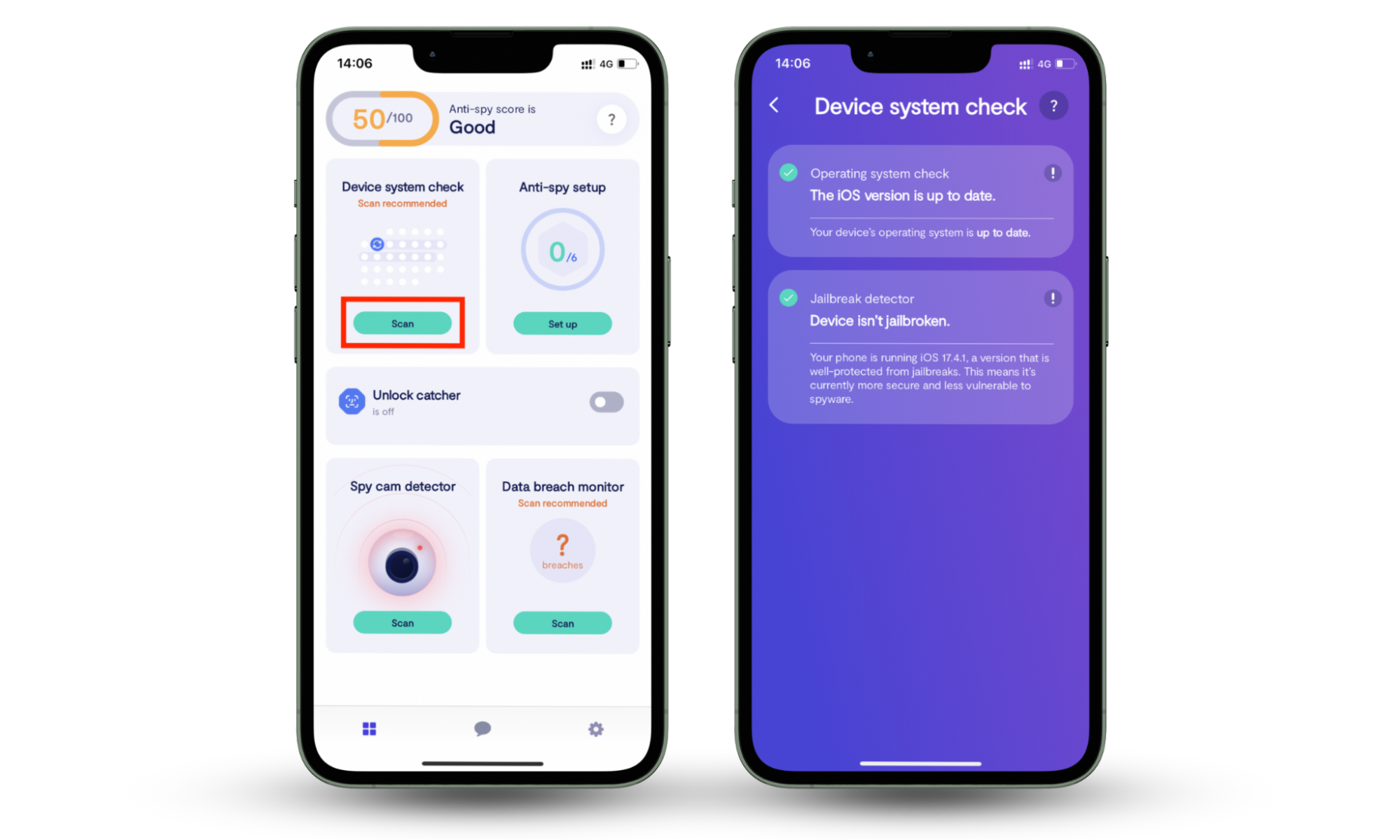 These Clario app screenshots show how to run a Device System Check and Spyware Scan to protect your iPhone or Android from adware. These Clario app screenshots show how to run a Device System Check and Spyware Scan to protect your iPhone or Android from adware.