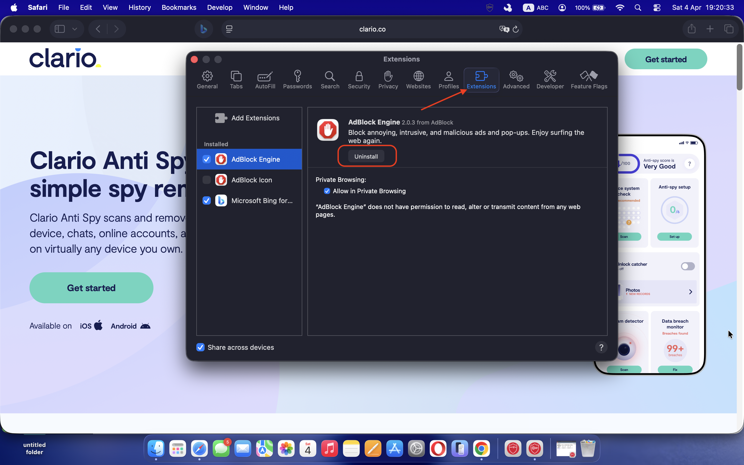 The Safari Extensions tab on a Mac displaying a list of installed extensions, where the user reviews and removes unfamiliar or suspicious extensions that may be related to adware. The Safari Extensions tab on a Mac displaying a list of installed extensions, where the user reviews and removes unfamiliar or suspicious extensions that may be related to adware.