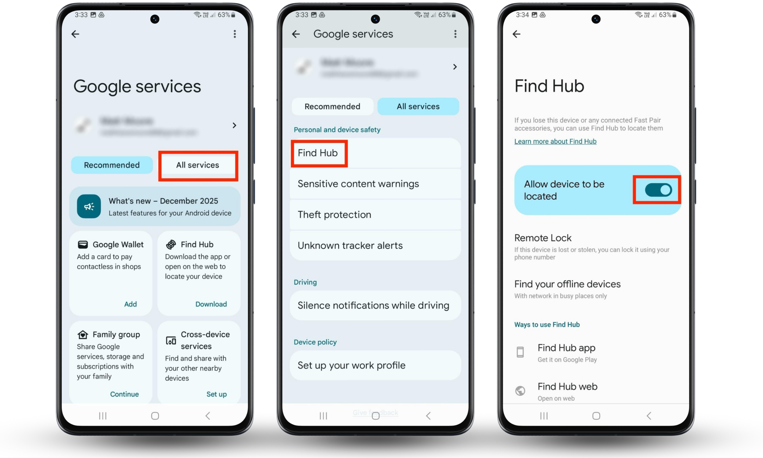 Settings app is open on an Android device. Tap Google, All services, Find Hub, toggle on Allow device to be located.