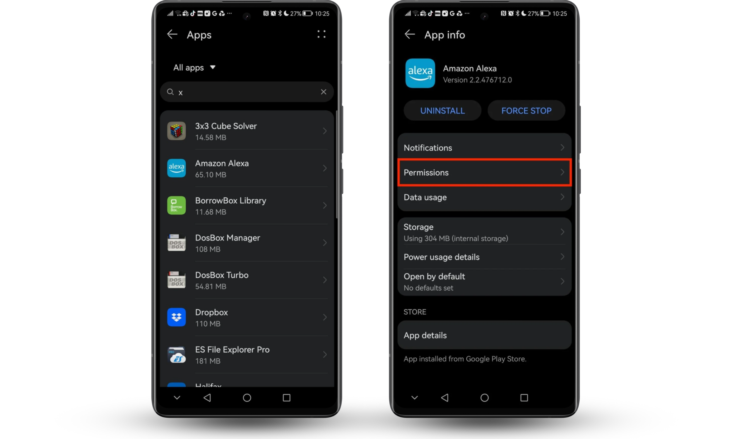 The Apps settings screen on an Android phone, showing a selected app’s info page with the Permissions option visible for managing access. The Apps settings screen on an Android phone, showing a selected app’s info page with the Permissions option visible for managing access.