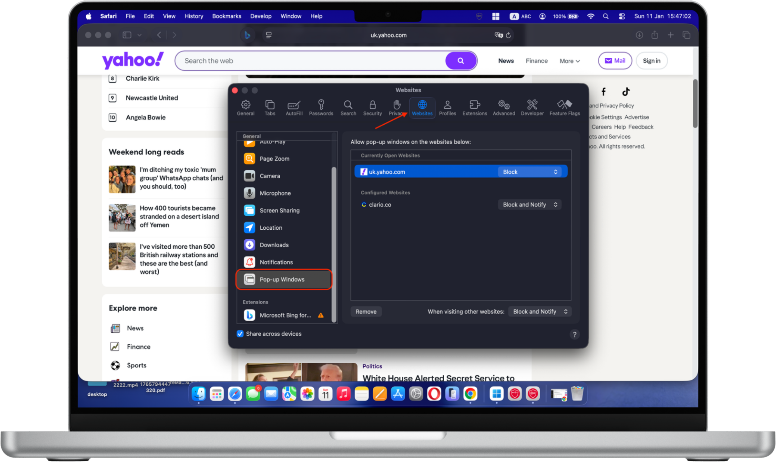 Safari Websites tab on Mac showing the Pop-up Windows option to block ads and pop-ups in Safari Safari Websites tab on Mac showing the Pop-up Windows option to block ads and pop-ups in Safari