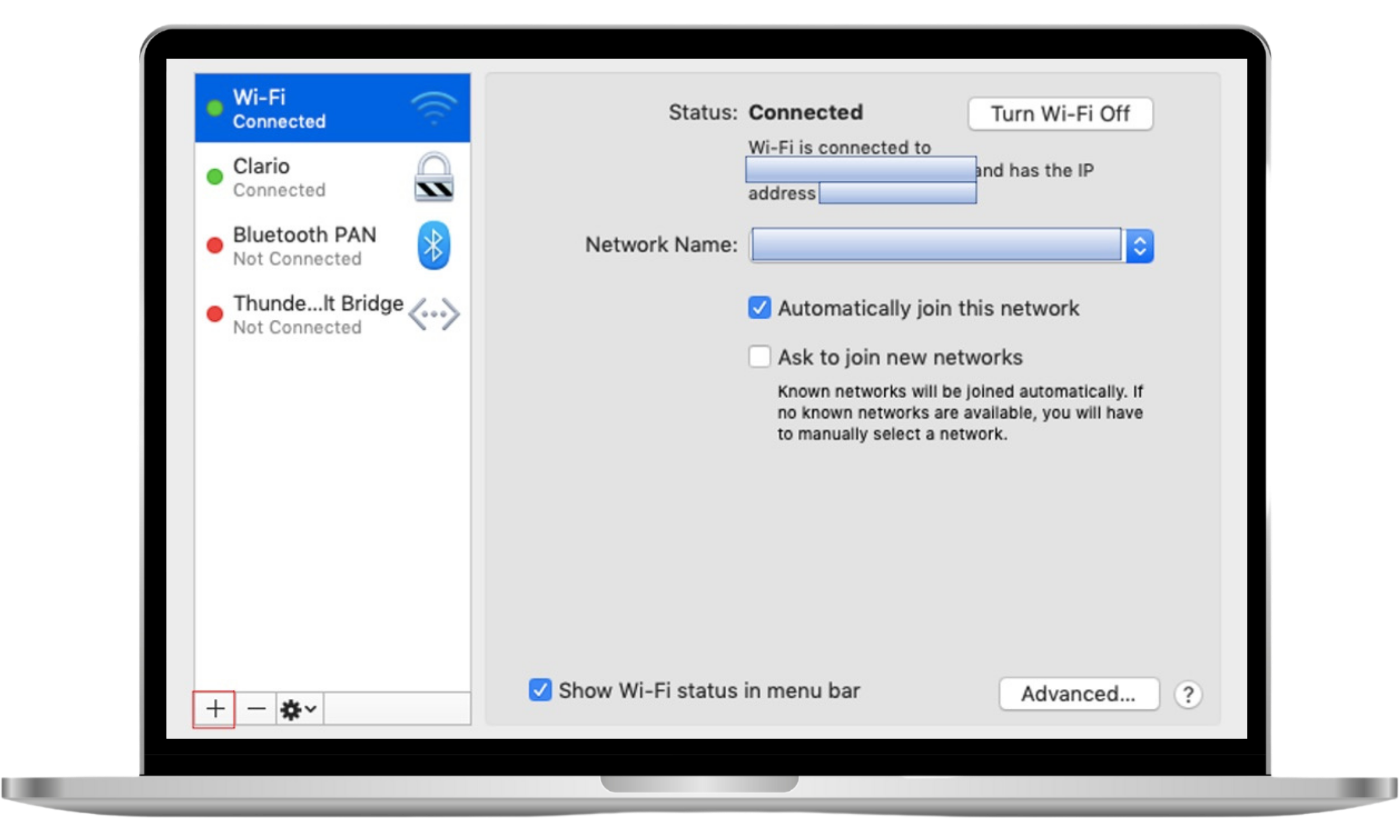 Network settings pop-up window with plus symbol in the lower-left corner highlighted.