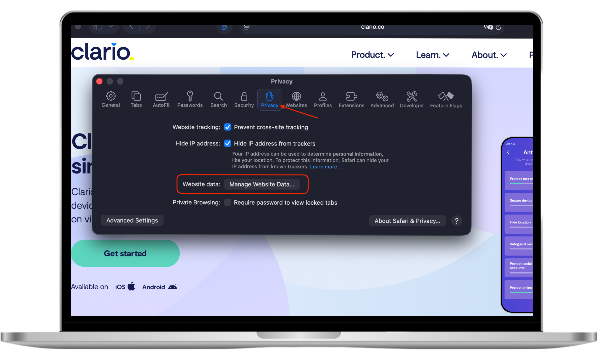 The Safari Privacy tab with the 'Manage Website Data' button highlighted, showing where to click to delete cookies on Mac safari.