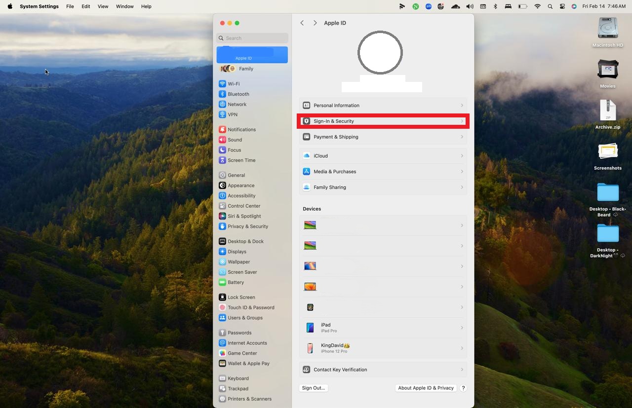 The Apple ID settings page on macOS with Sign-In & Security selected, reinforcing security measures to answer the question, Can Mac get viruses? and protect user data The Apple ID settings page on macOS with Sign-In & Security selected, reinforcing security measures to answer the question, Can Mac get viruses? and protect user data