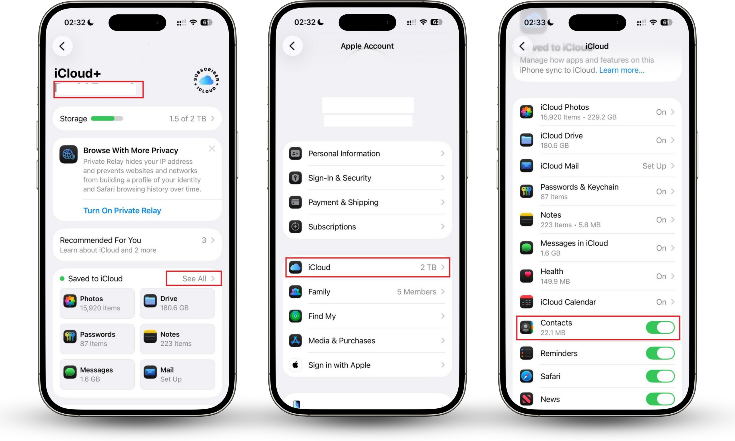 Steps to access iCloud Contacts toggle on an iPhone, to stop contacts syncing on another phone.