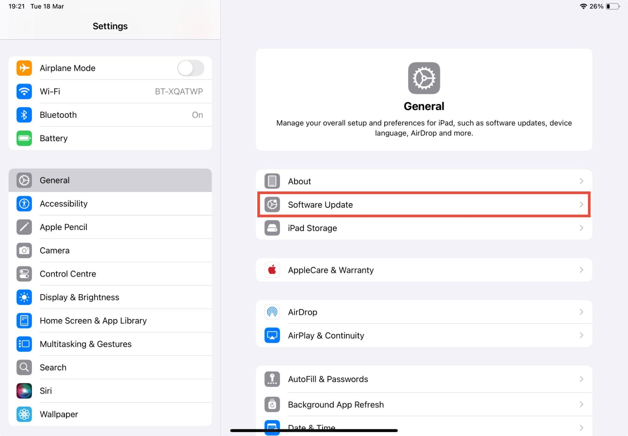 The Settings app on an iPad, with General selected in the sidebar and Software Update highlighted. If you detect spyware on iPad, you can often remove it by running software updates. The Settings app on an iPad, with General selected in the sidebar and Software Update highlighted. If you detect spyware on iPad, you can often remove it by running software updates.