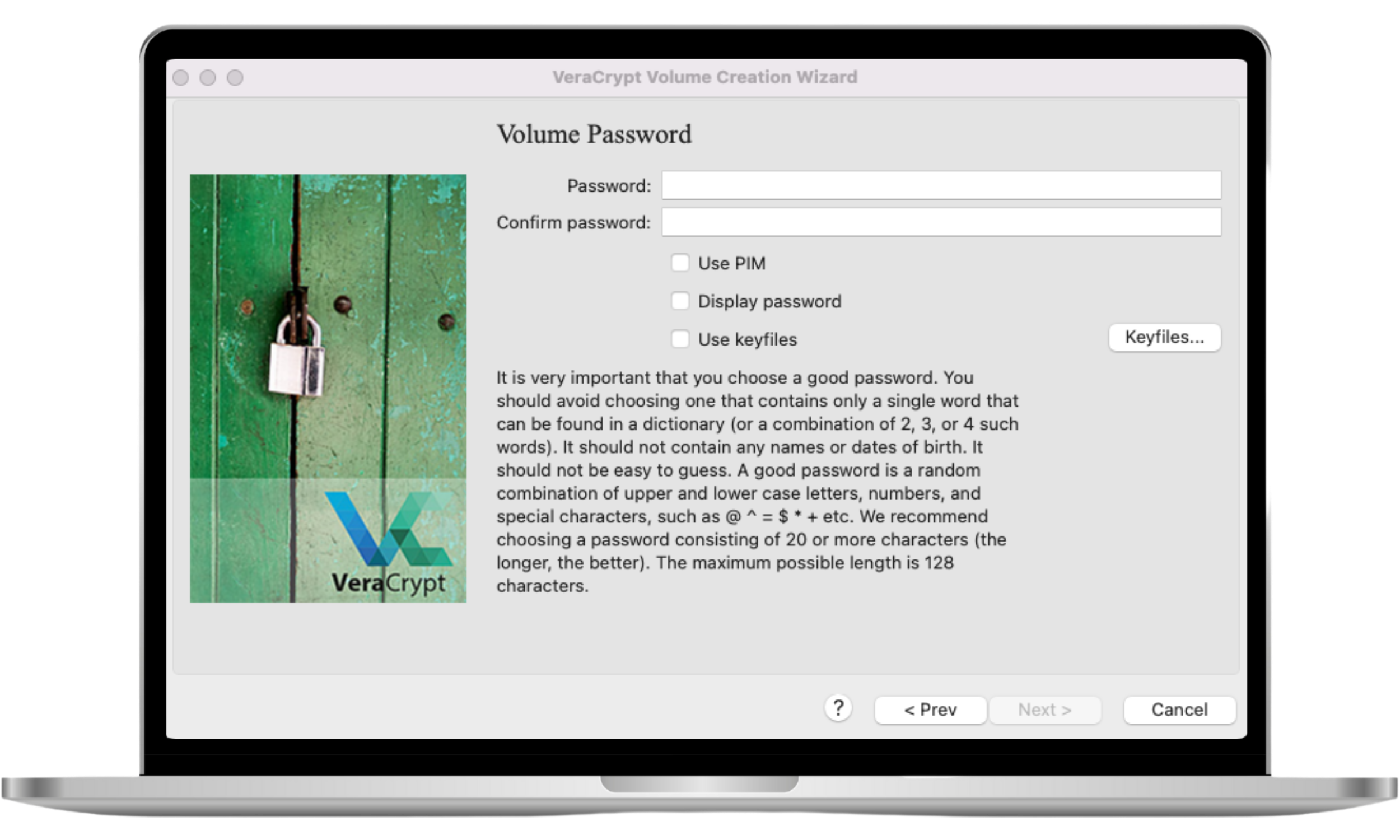 The VeraCrypt setup window on a Mac displaying password creation fields, where the user enters and confirms a secure password to protect an encrypted volume. The VeraCrypt setup window on a Mac displaying password creation fields, where the user enters and confirms a secure password to protect an encrypted volume.