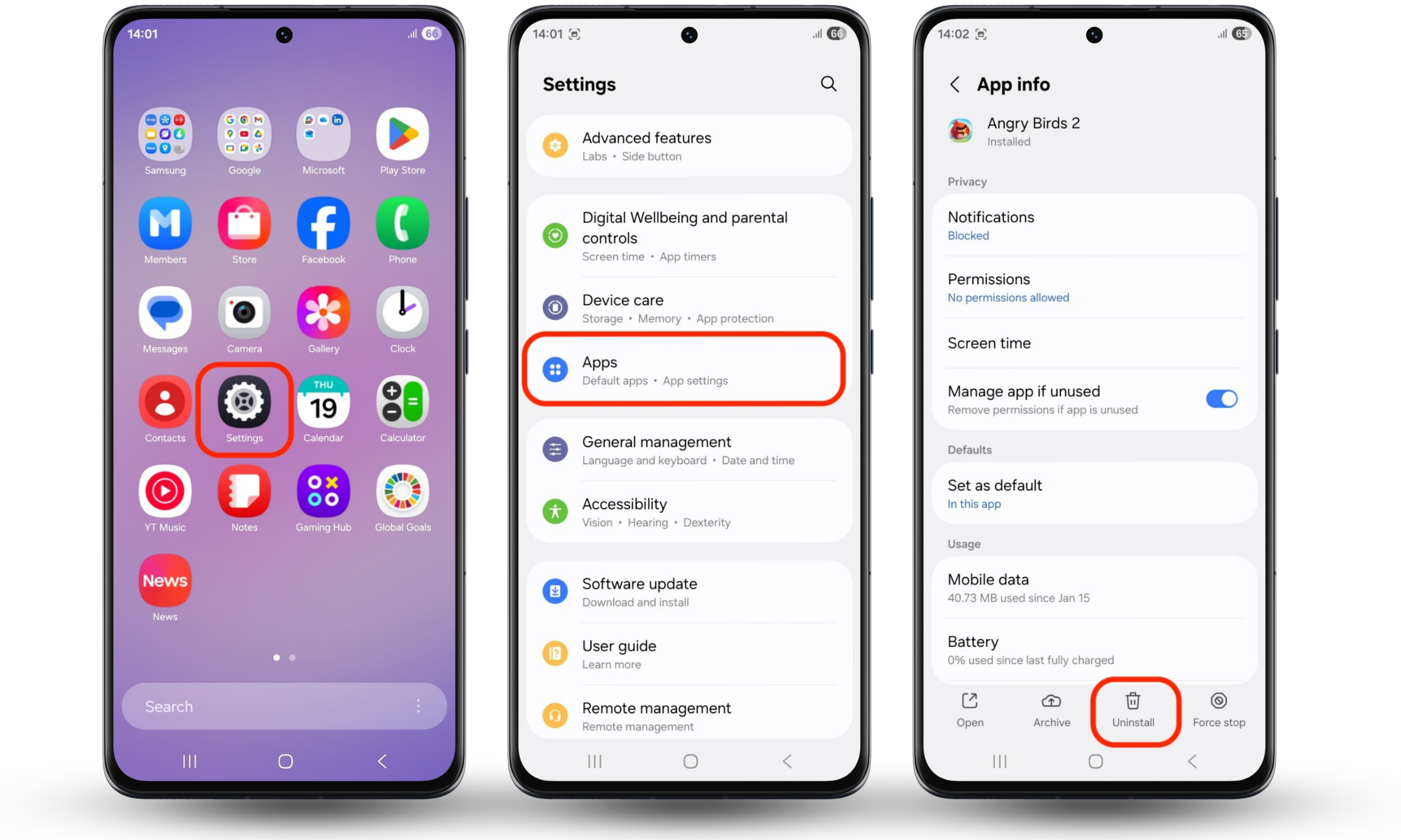 Uninstalling unwanted apps through Android Apps settings to remove junkware