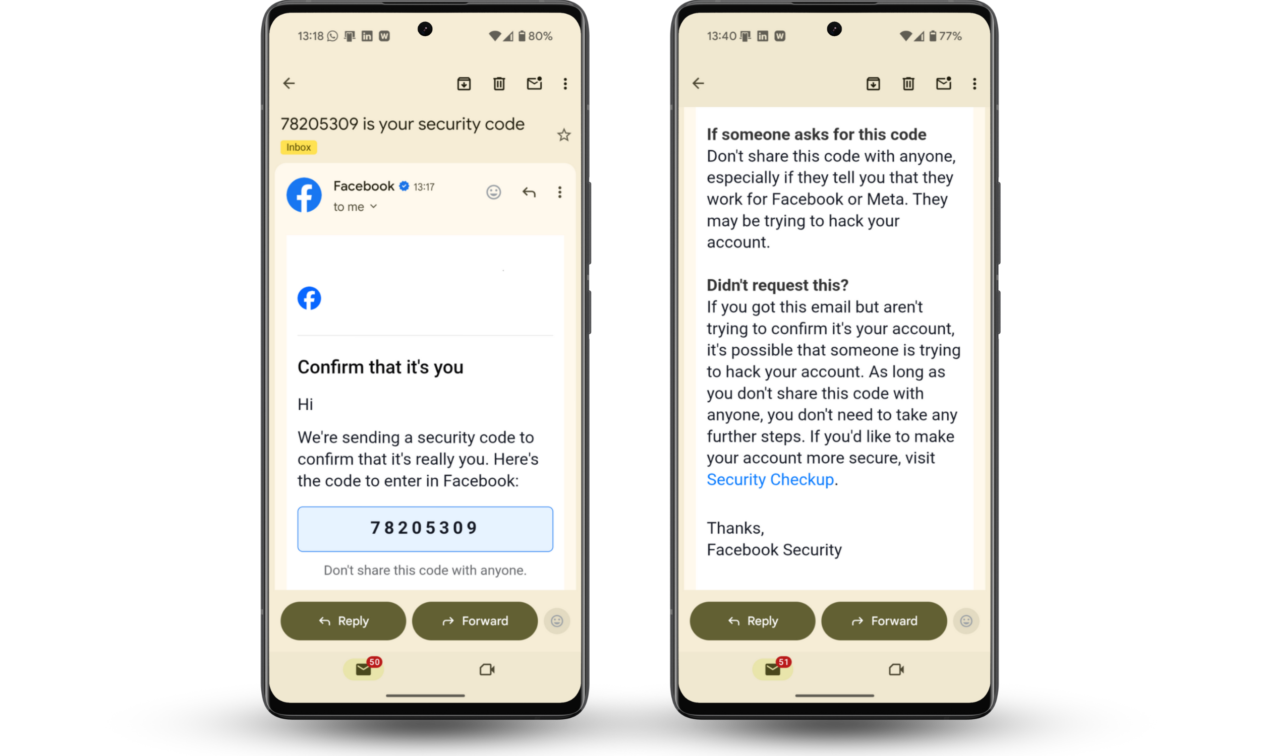 Facebook password reset email showing a one-time security code and warning, a common sign your Facebook Messenger has been hacked. Facebook password reset email showing a one-time security code and warning, a common sign your Facebook Messenger has been hacked.