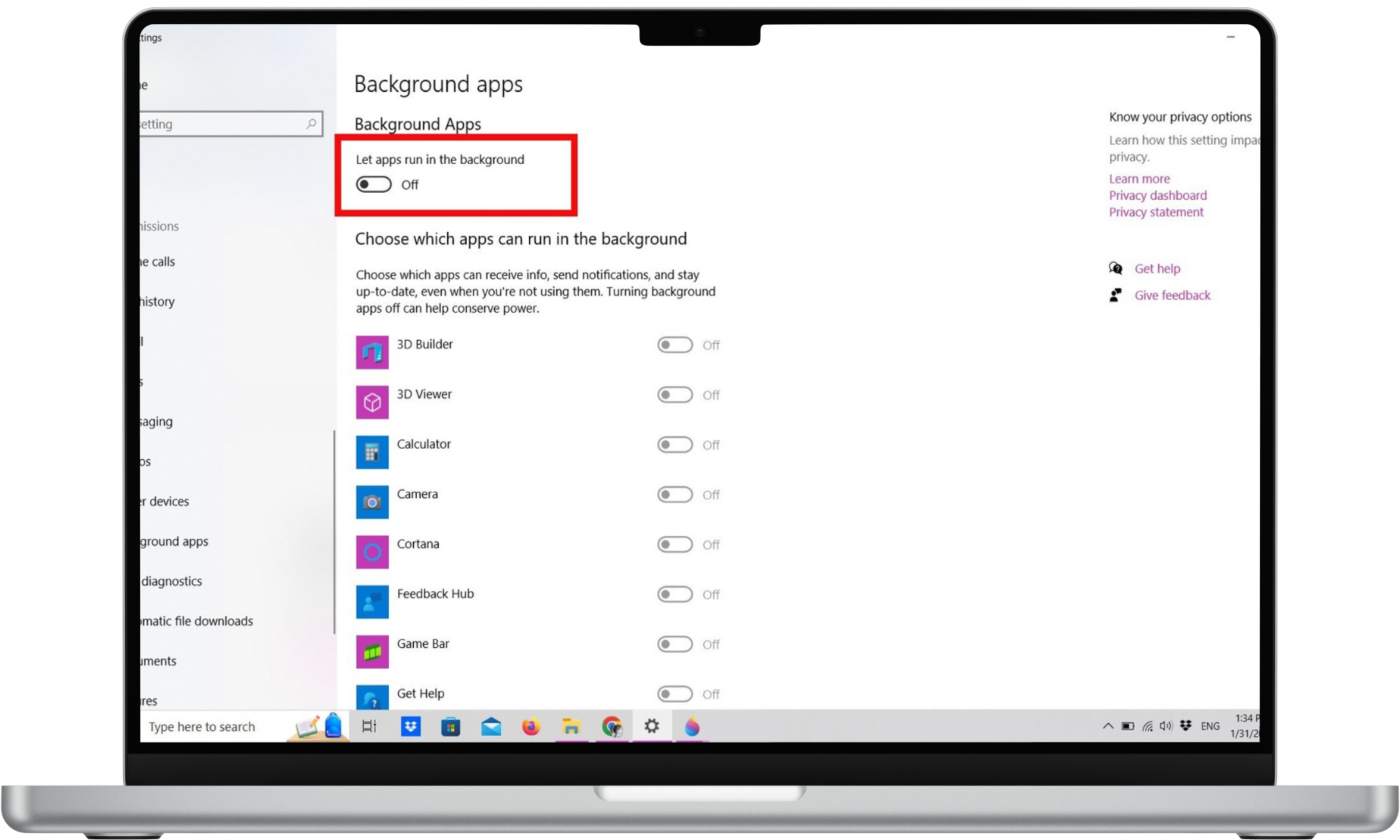 Background apps settings in Windows 10 Background apps settings in Windows 10