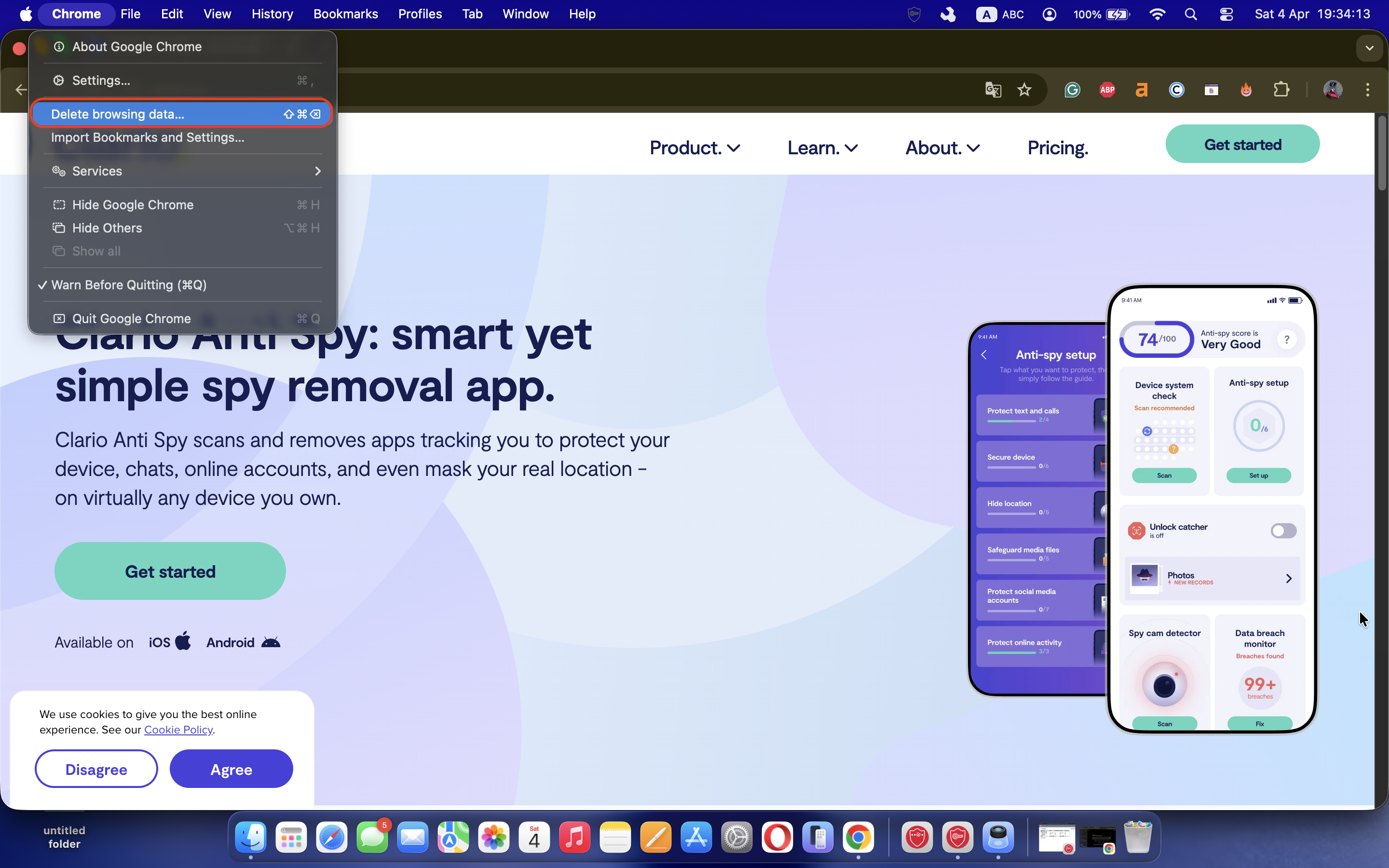 The Google Chrome settings on a Mac displaying the Clear browsing data window, where the user selects data types and removes history and cached files to eliminate traces of adware. The Google Chrome settings on a Mac displaying the Clear browsing data window, where the user selects data types and removes history and cached files to eliminate traces of adware.