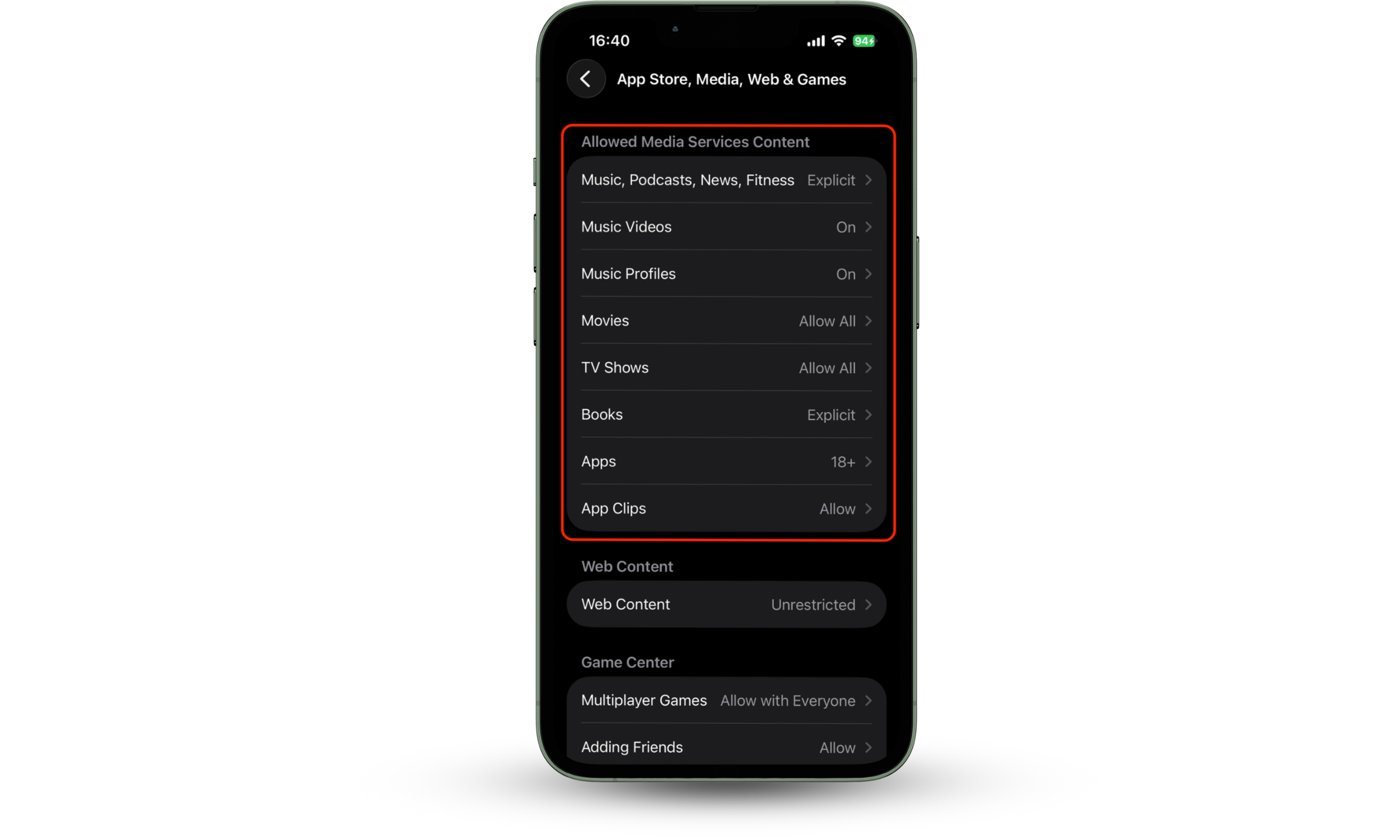 The Content Restrictions screen on an iPhone showing multiple media categories such as Music, Movies, TV Shows, Books, and Apps, where the user selects content ratings and filters to block explicit or inappropriate material