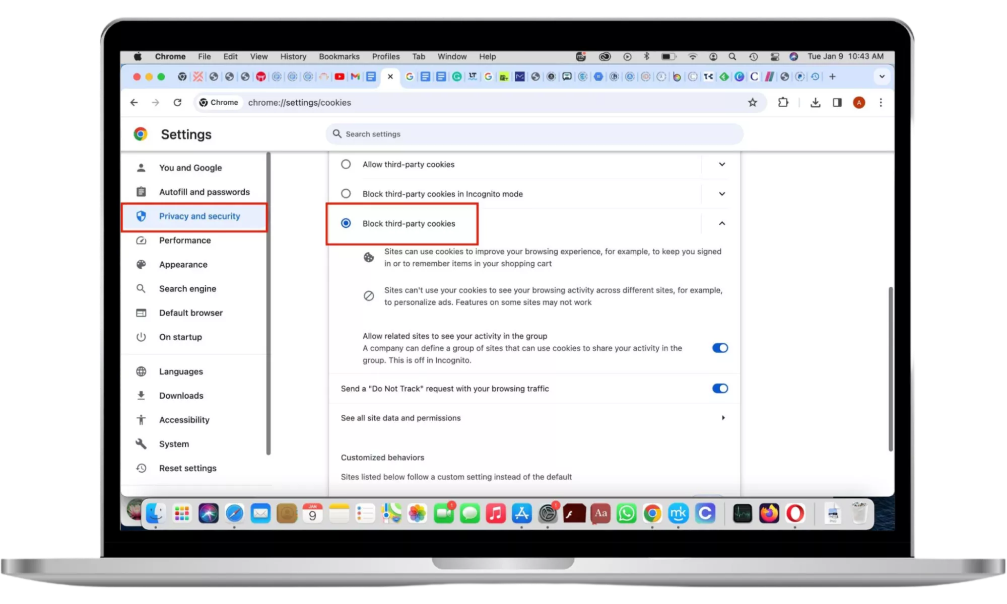 Chrome’s Privacy and security settings appear on a MacBook. Disable cookies on your computer in Chrome. Chrome’s Privacy and security settings appear on a MacBook. Disable cookies on your computer in Chrome.