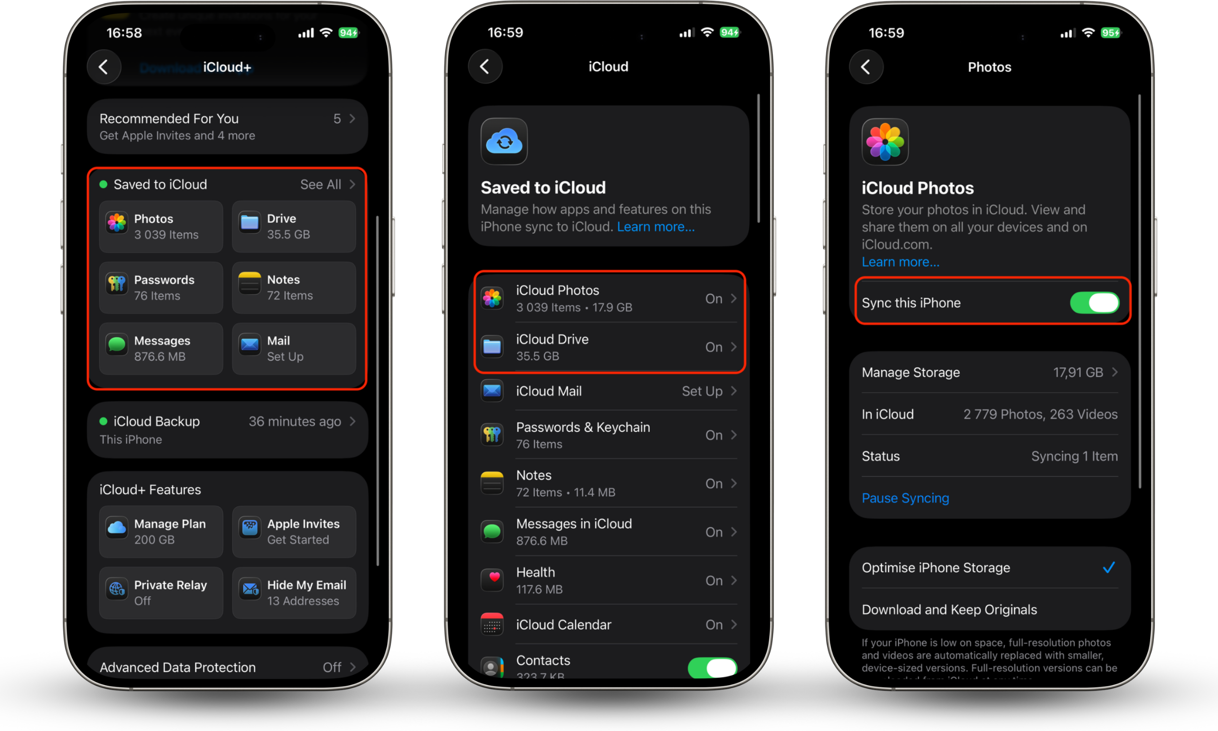 iPhone iCloud settings showing how to turn off syncing by toggling features off or selecting specific apps to disable