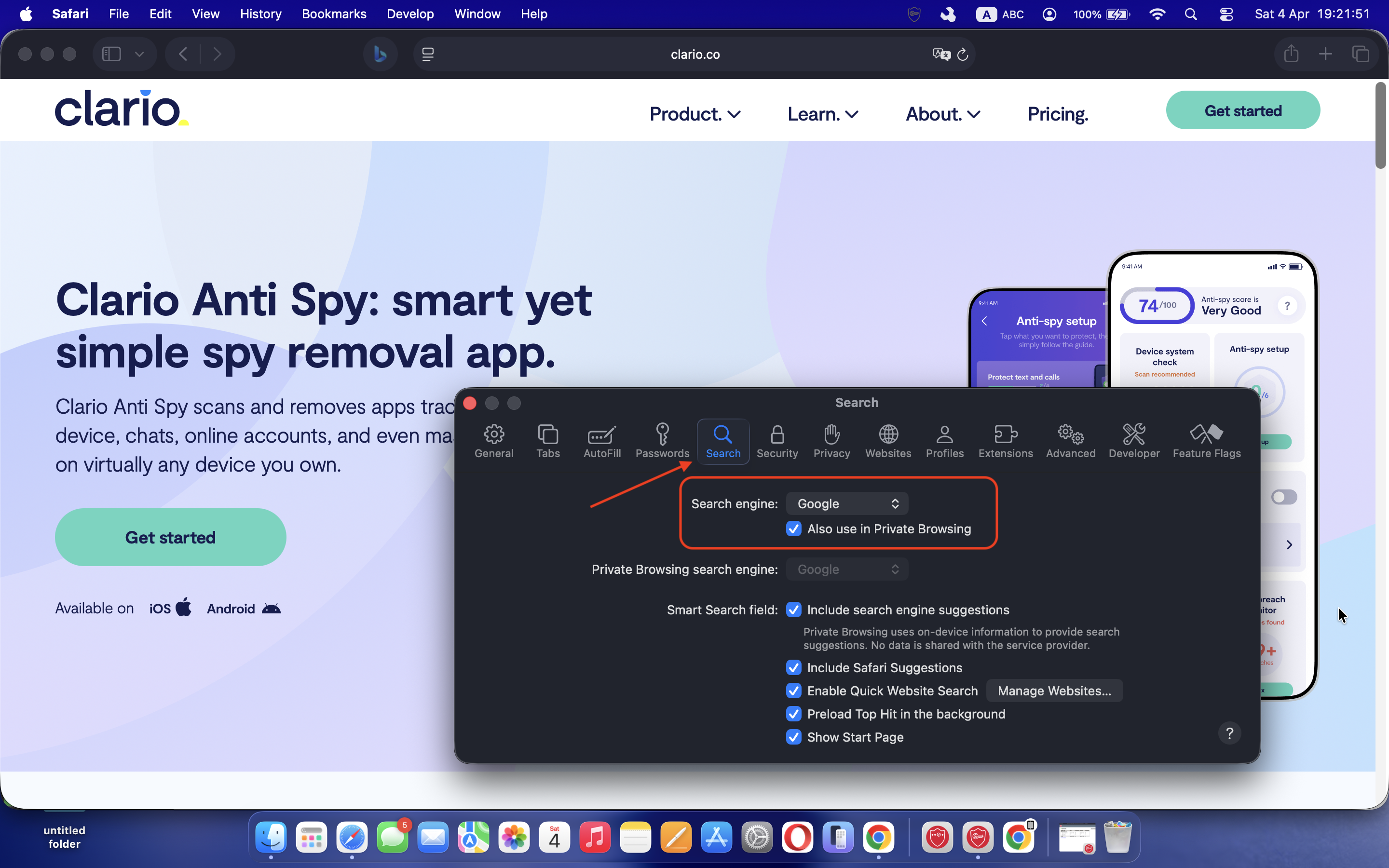 The Safari settings on a Mac showing the default search engine selection menu, where the user verifies and resets the search engine to a trusted provider after removing adware. The Safari settings on a Mac showing the default search engine selection menu, where the user verifies and resets the search engine to a trusted provider after removing adware.