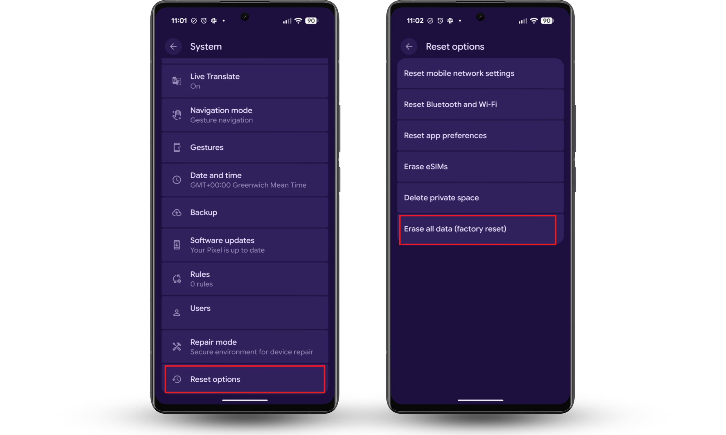 Factory reset screen on Android showing the Reset options menu and the Erase all data option to manage risks after finding out a phone is rooted.
